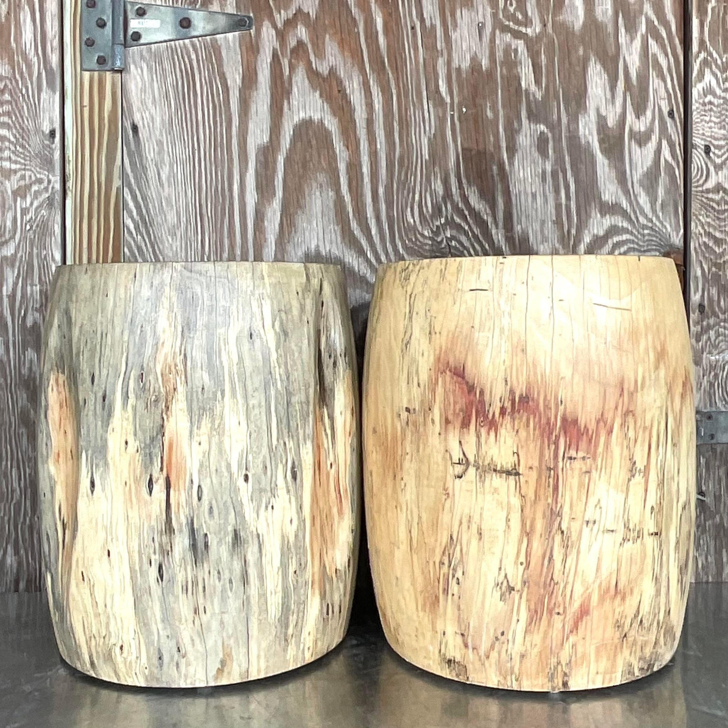 Late 20th Century Vintage Boho Tree Trunk Low Stools - a Pair For Sale 1