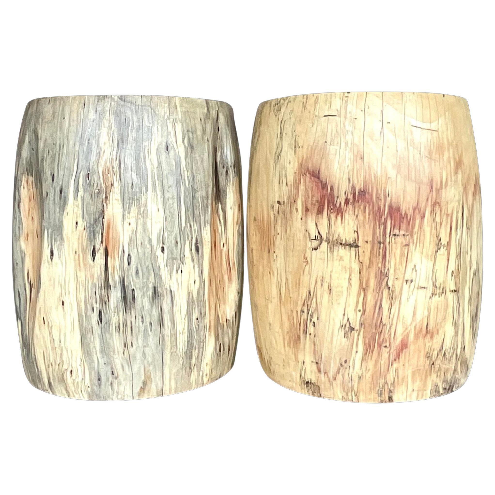 Late 20th Century Vintage Boho Tree Trunk Low Stools - a Pair For Sale
