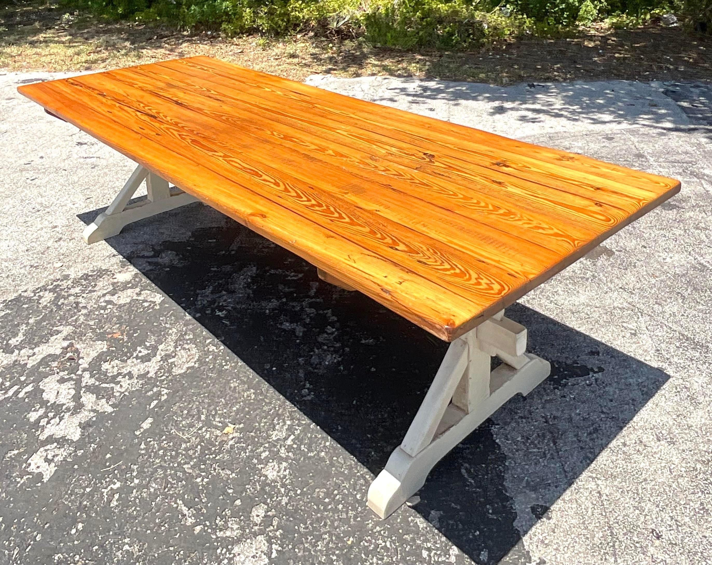 American Late 20th Century Vintage Boho Trestle Plank Farm Table For Sale