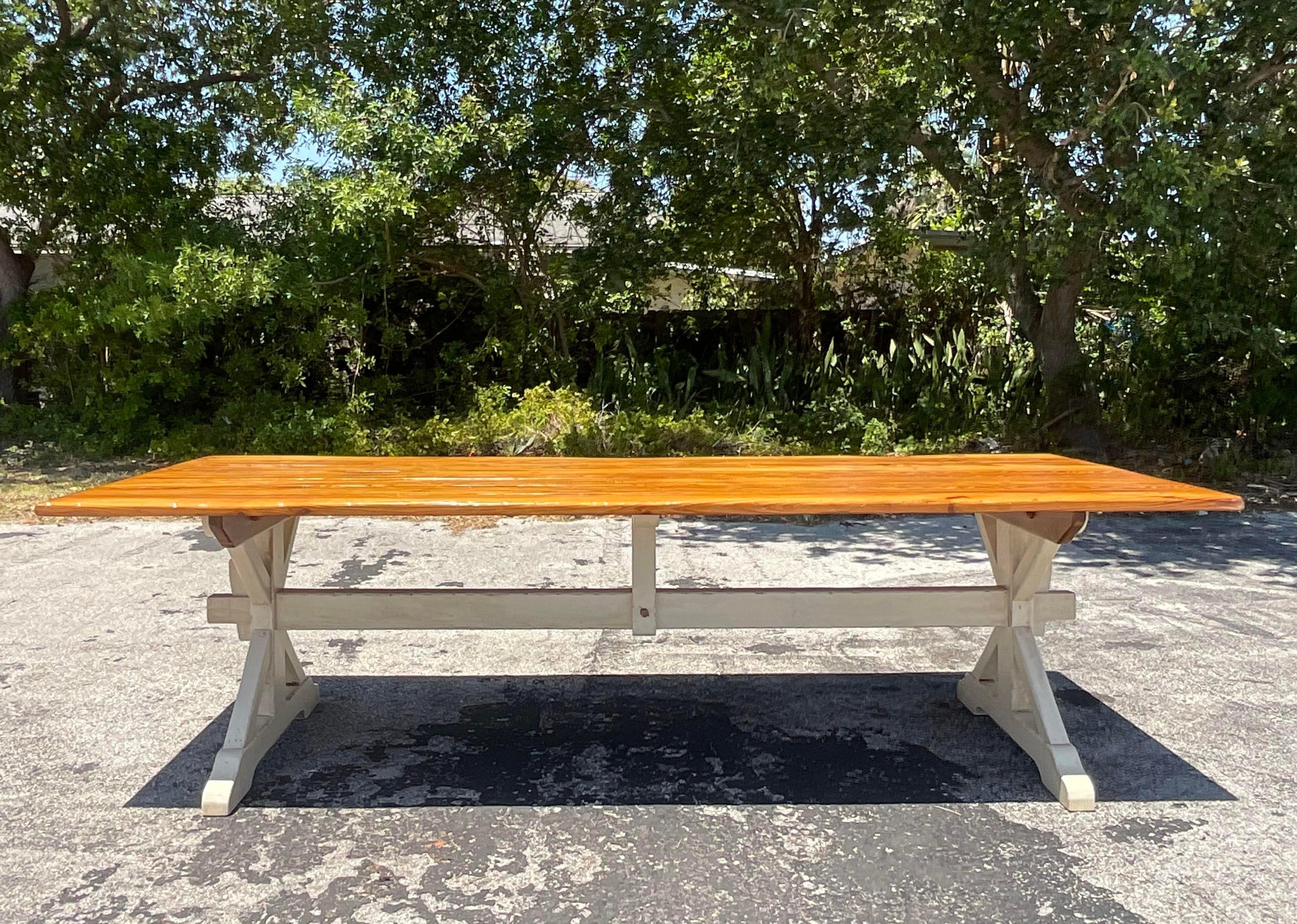 Late 20th Century Vintage Boho Trestle Plank Farm Table In Good Condition For Sale In west palm beach, FL