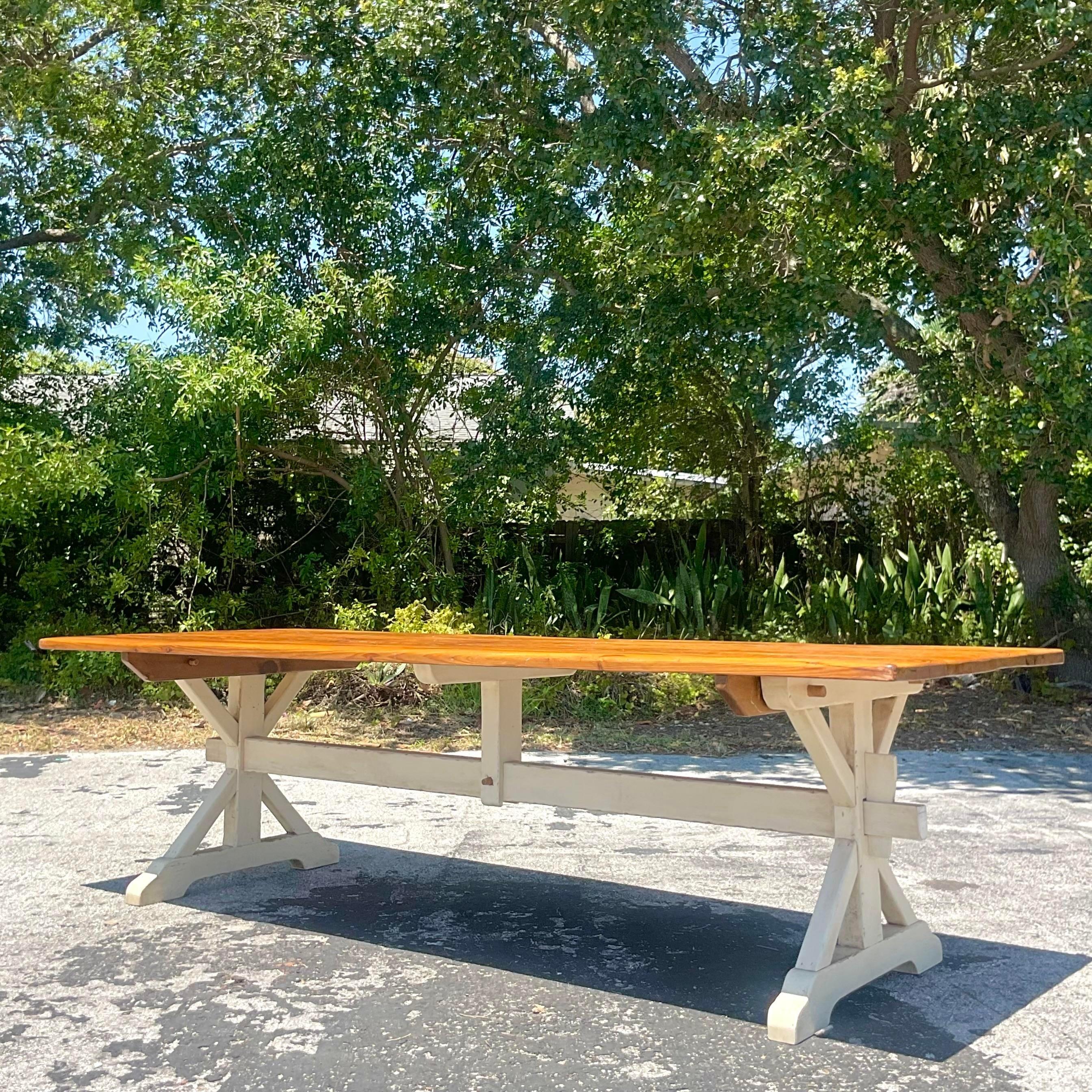 Wood Late 20th Century Vintage Boho Trestle Plank Farm Table For Sale