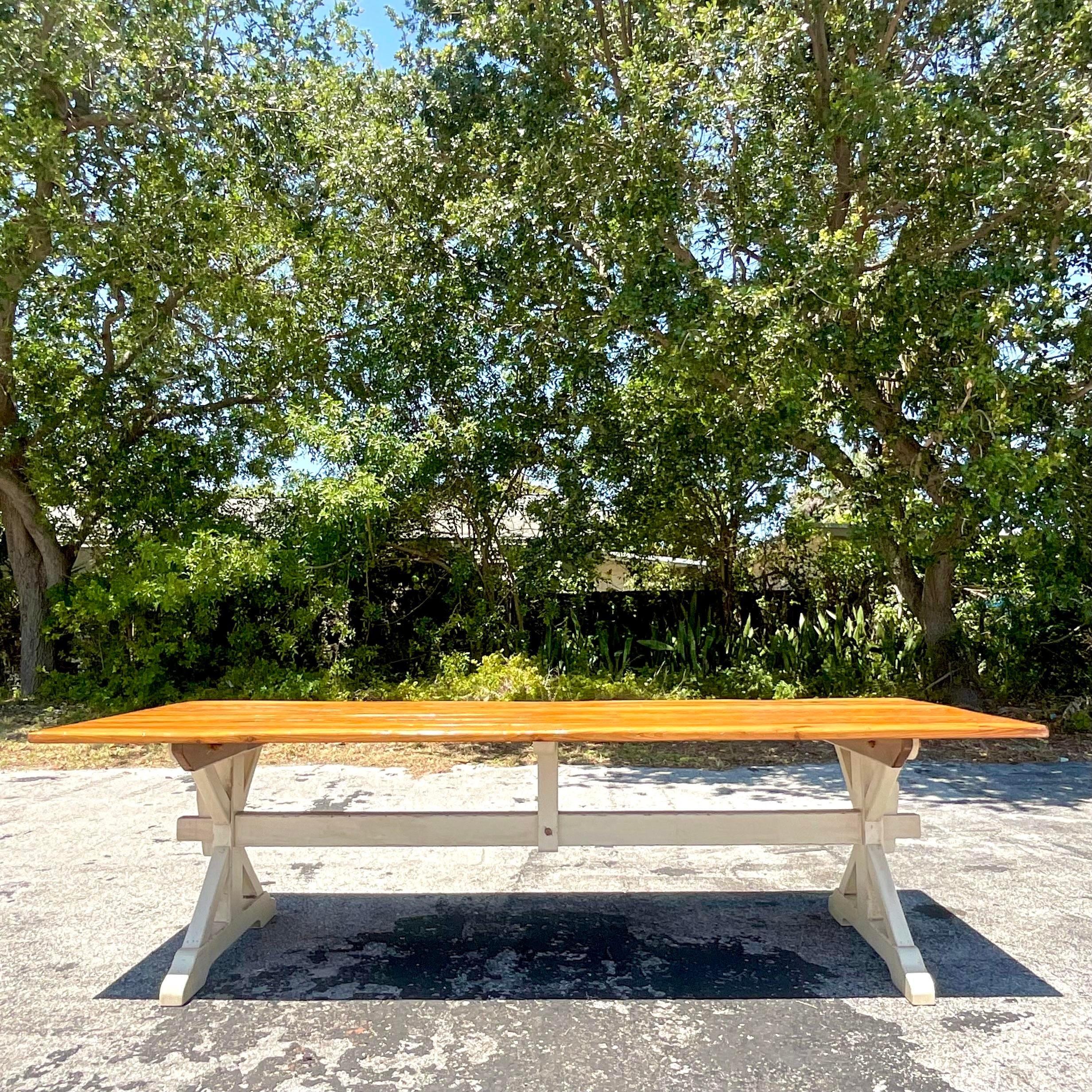 Late 20th Century Vintage Boho Trestle Plank Farm Table For Sale 1