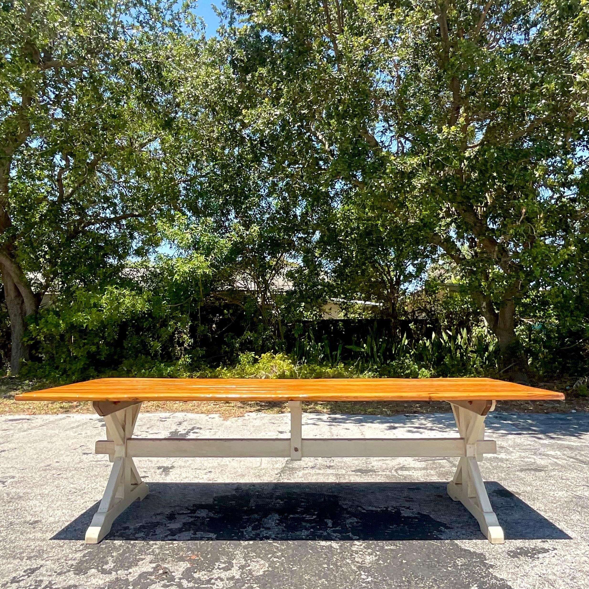 Late 20th Century Vintage Boho Trestle Plank Farm Table For Sale 2