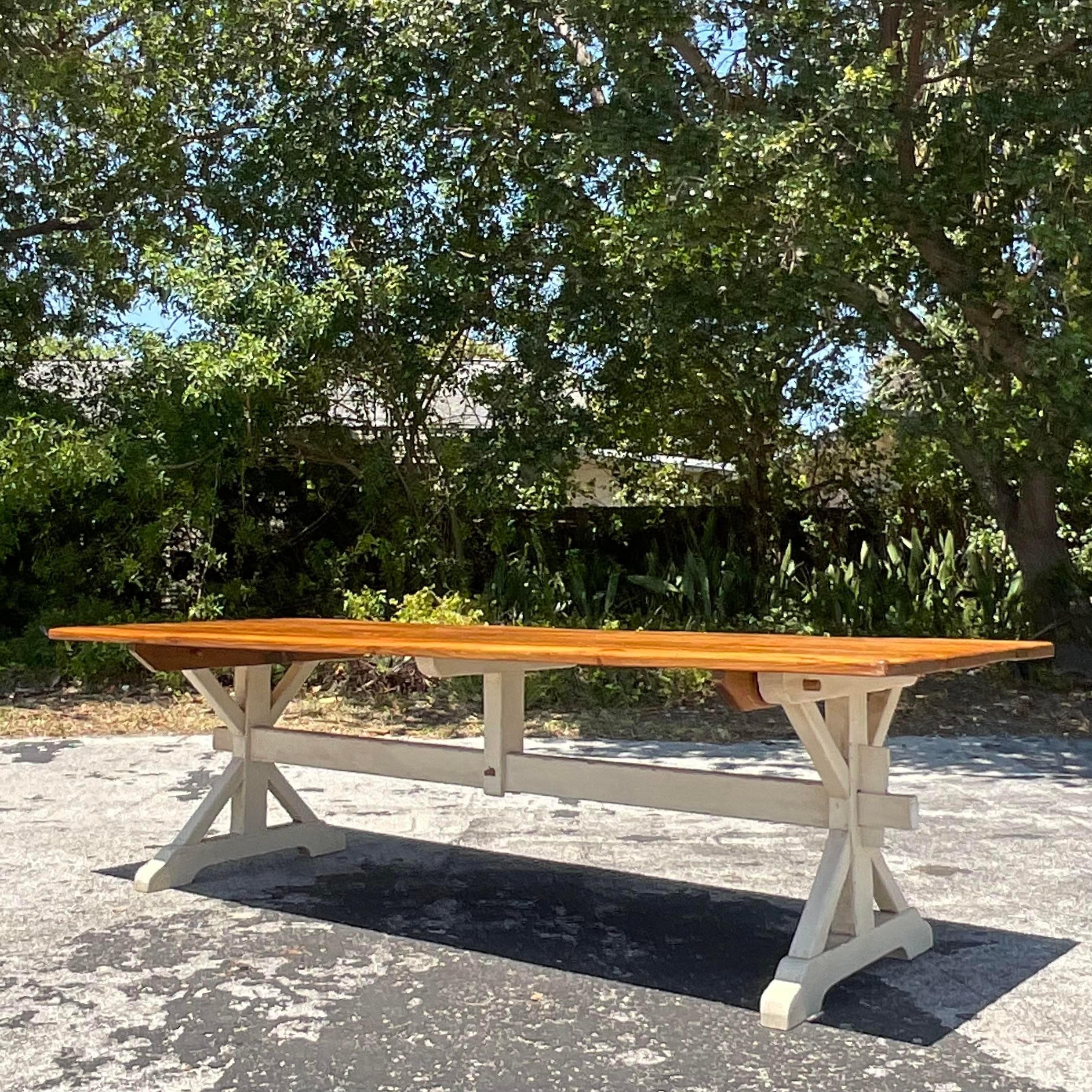 Late 20th Century Vintage Boho Trestle Plank Farm Table For Sale 3