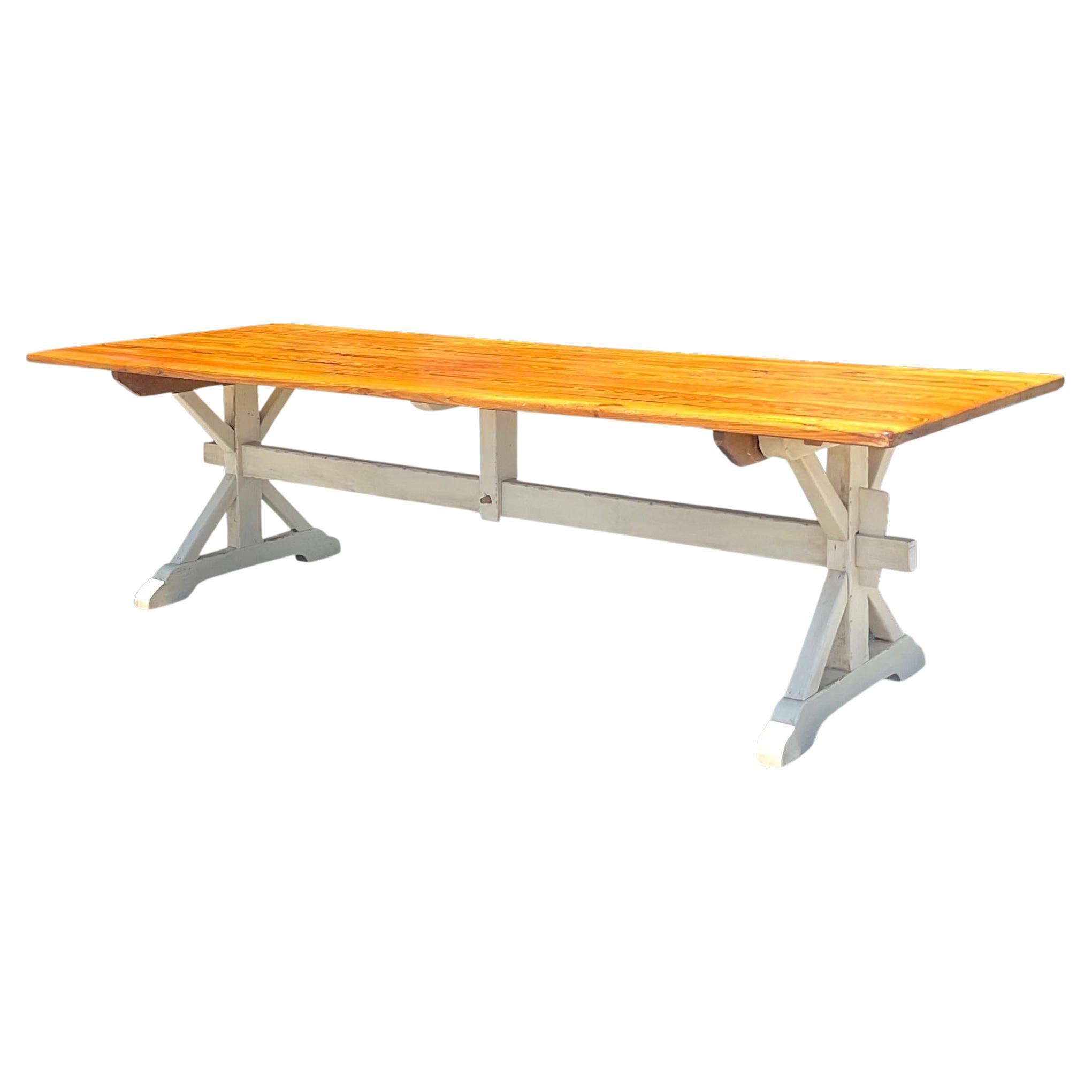 Late 20th Century Vintage Boho Trestle Plank Farm Table For Sale