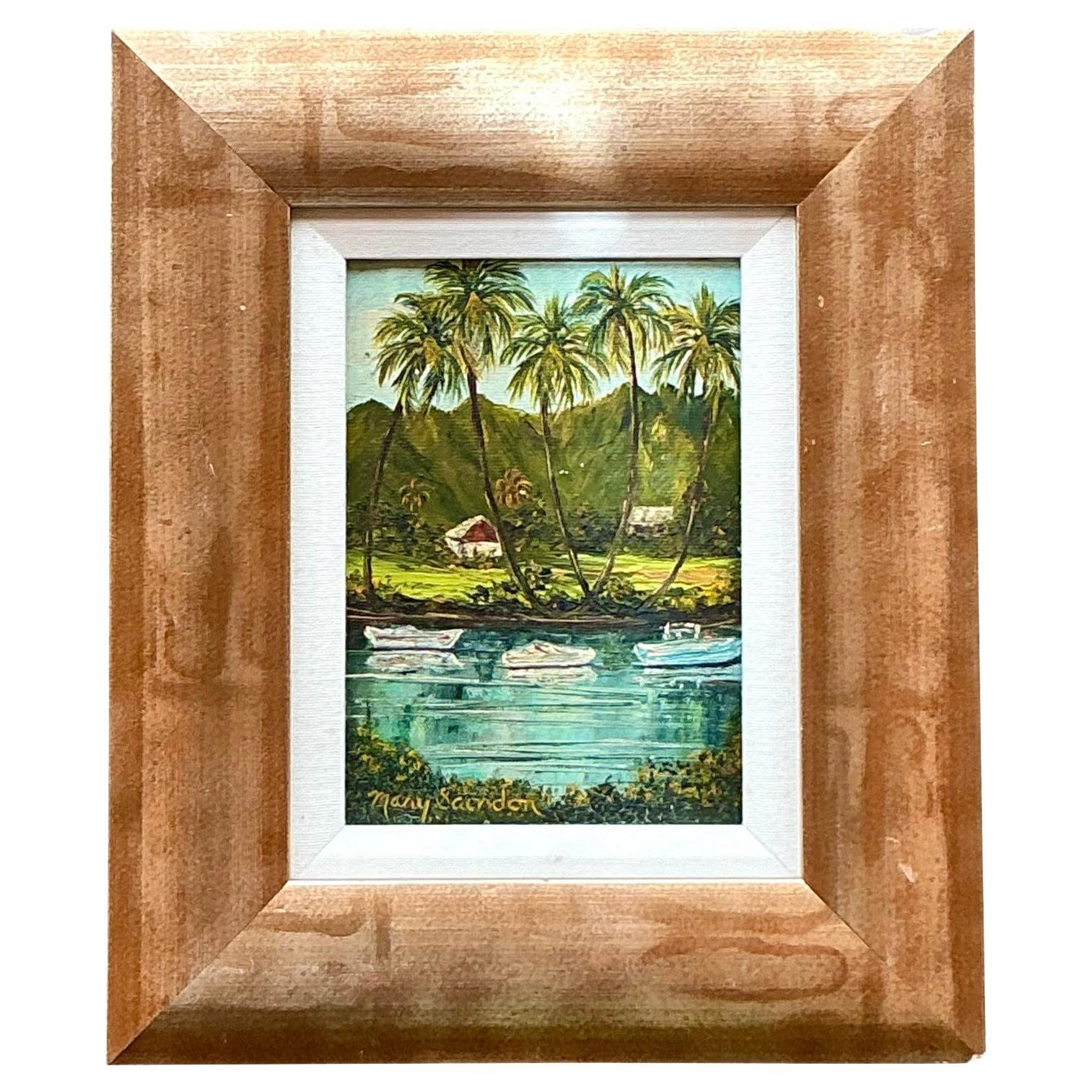Late 20th Century Vintage Boho Tropical Seascape on Canvas
