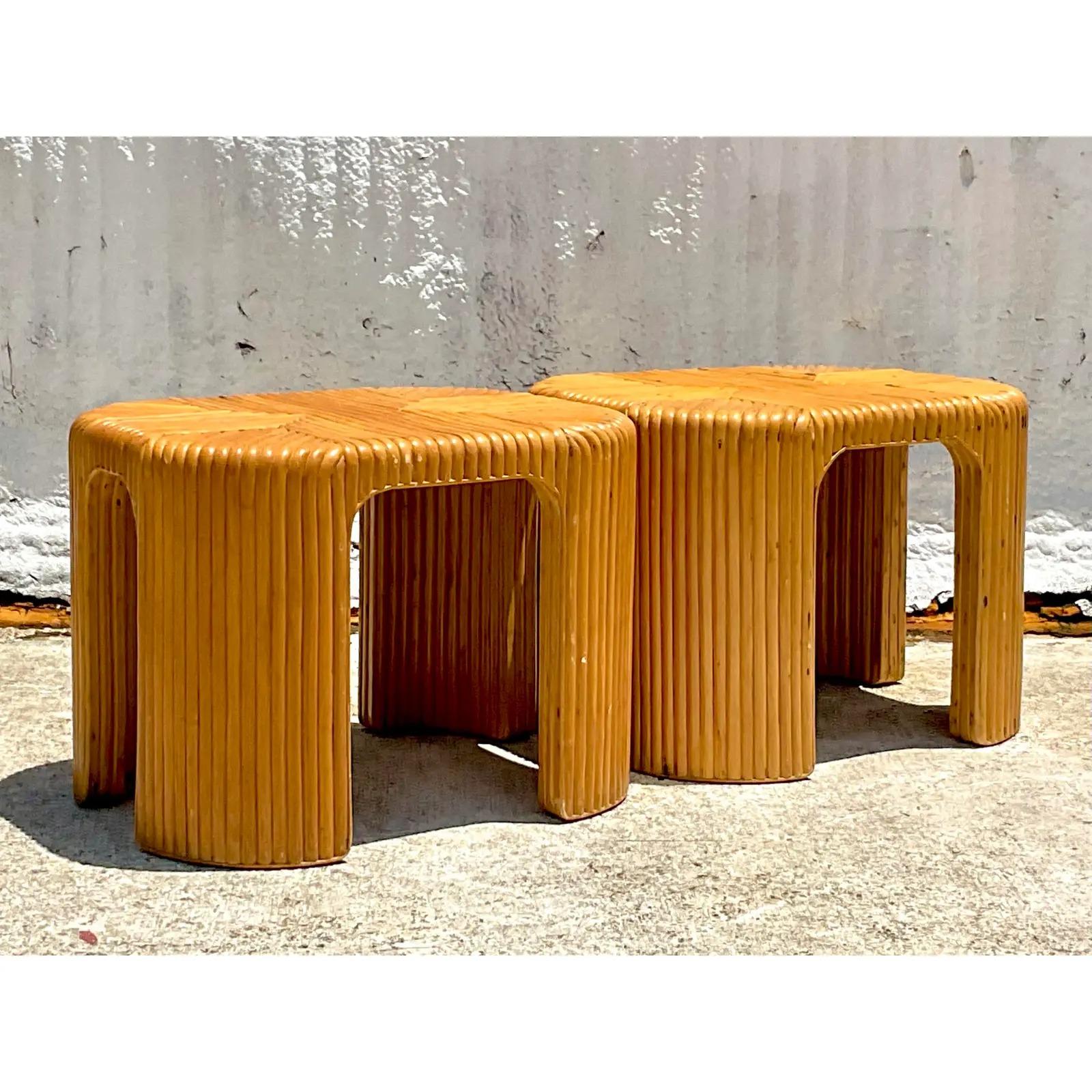 North American Late 20th Century Vintage Boho Waterfall Rattan Side Tables, a Pair