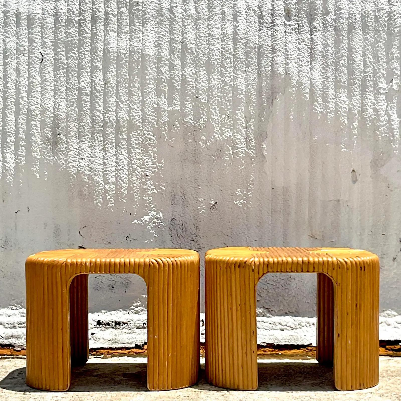 Late 20th Century Vintage Boho Waterfall Rattan Side Tables, a Pair In Good Condition In west palm beach, FL