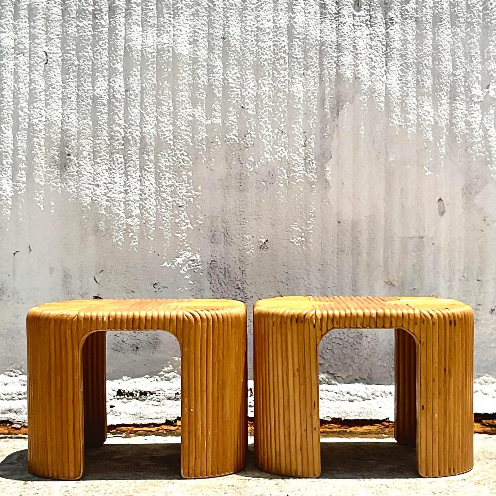 Late 20th Century Vintage Boho Waterfall Rattan Side Tables, a Pair 1