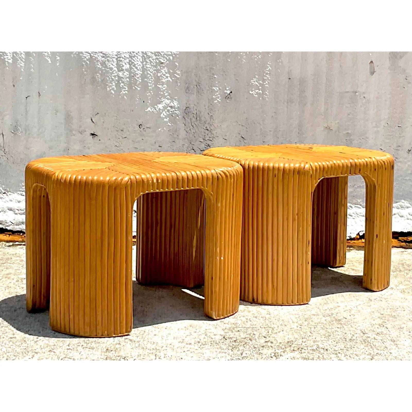 Late 20th Century Vintage Boho Waterfall Rattan Side Tables, a Pair 3