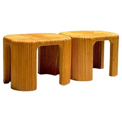 Late 20th Century Vintage Boho Waterfall Rattan Side Tables, a Pair