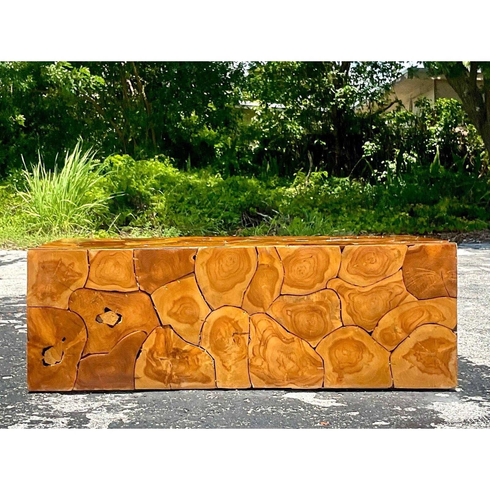 Vintage Boho Coffee Table. A chic collection of tree trunk slices arranged into a block table. A real showstopper. Acquired from a Palm Beach estate.