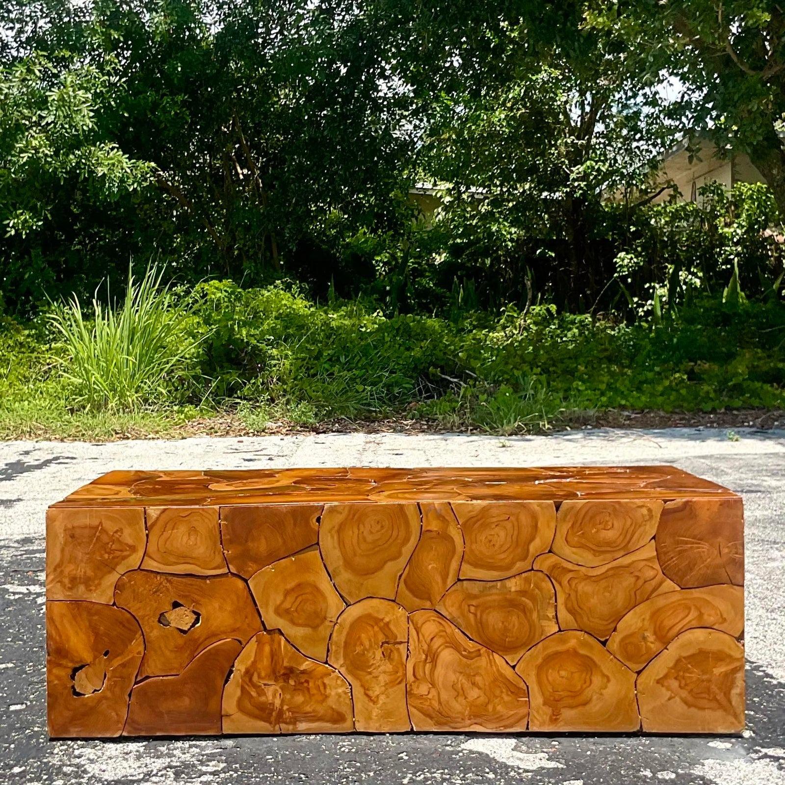 Late 20th Century Vintage Boho Wood Slice Coffee Table In Good Condition In West Palm Beach, FL