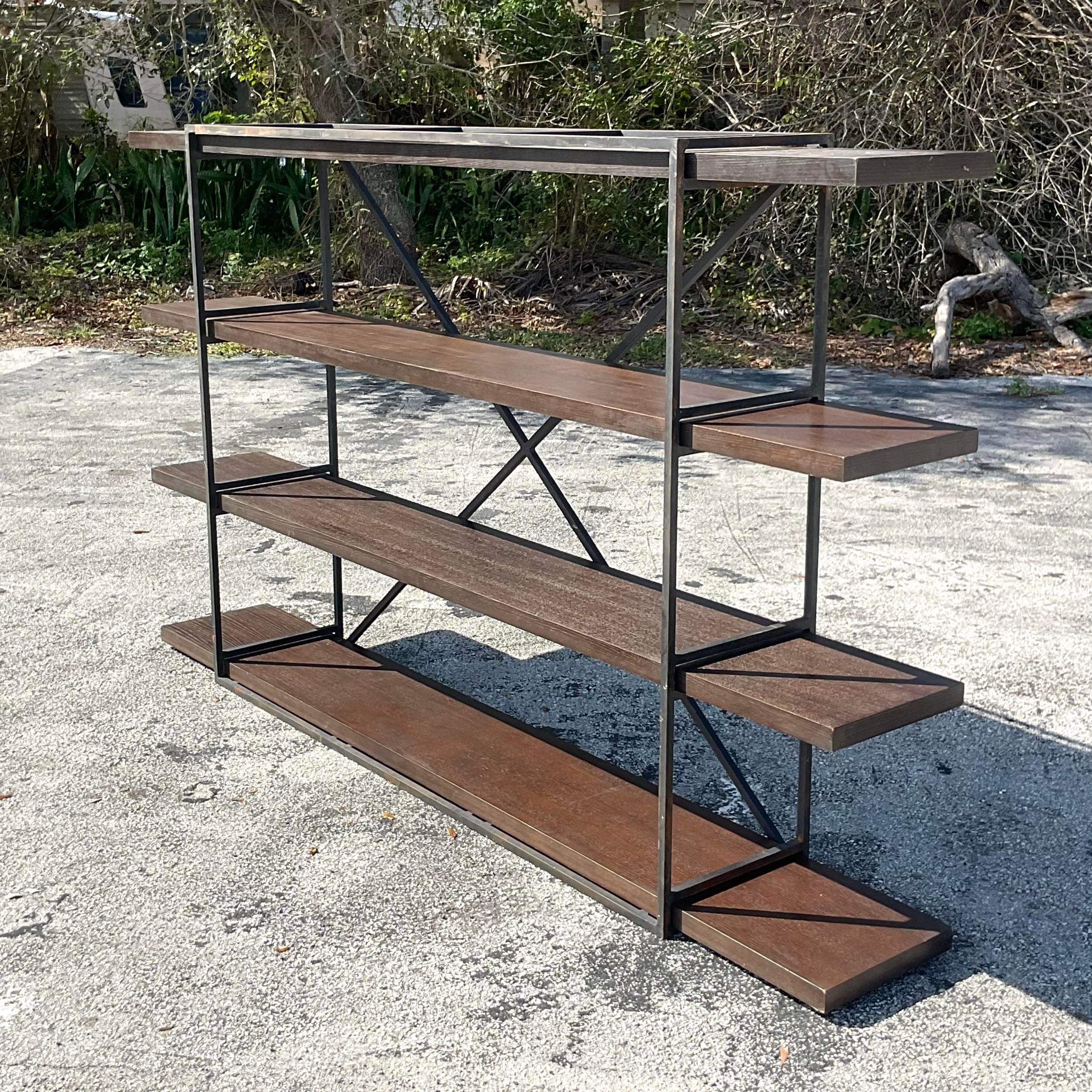 American Late 20th Century Vintage Boho Wrought Iron and Wood Plank Etagere For Sale