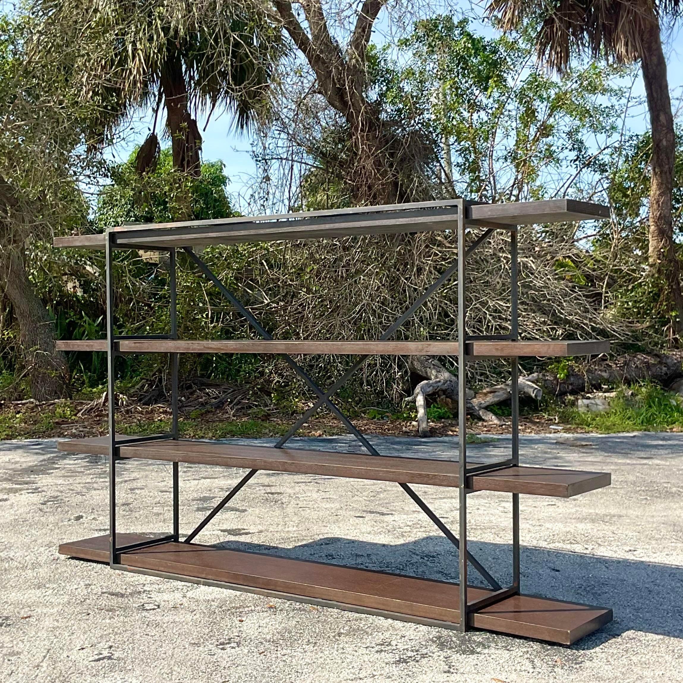 Late 20th Century Vintage Boho Wrought Iron and Wood Plank Etagere In Good Condition For Sale In west palm beach, FL