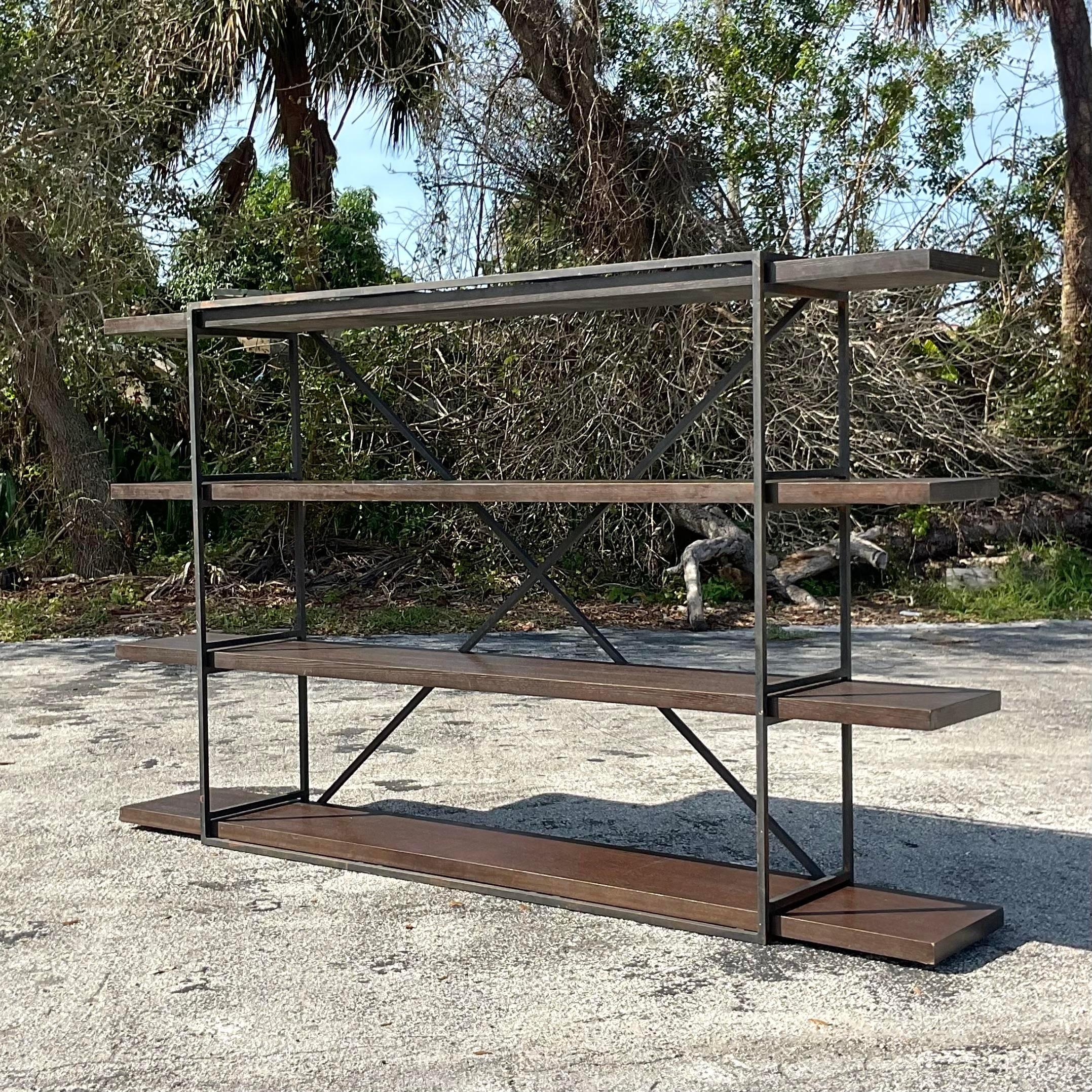 Late 20th Century Vintage Boho Wrought Iron and Wood Plank Etagere For Sale 1