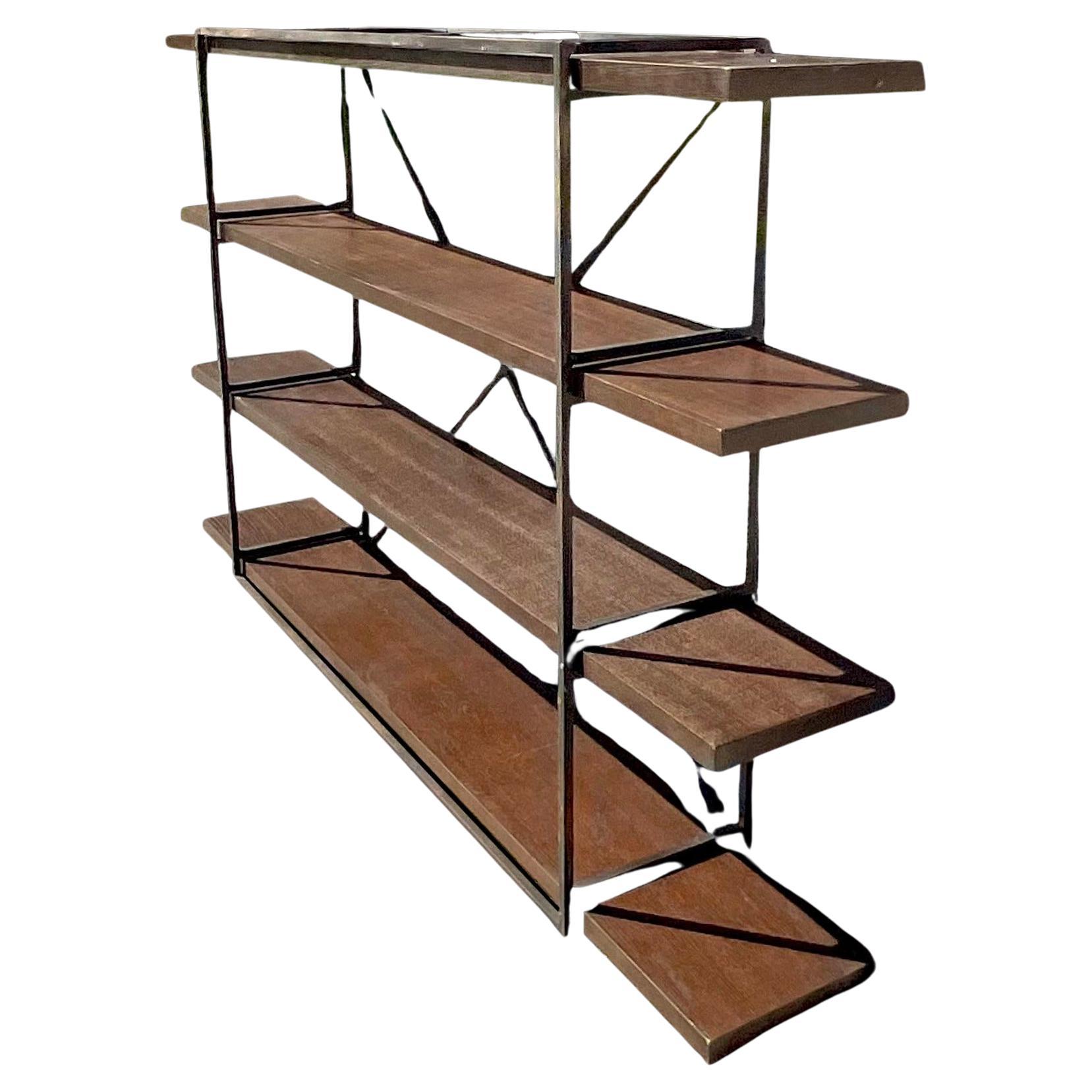 Late 20th Century Vintage Boho Wrought Iron and Wood Plank Etagere For Sale