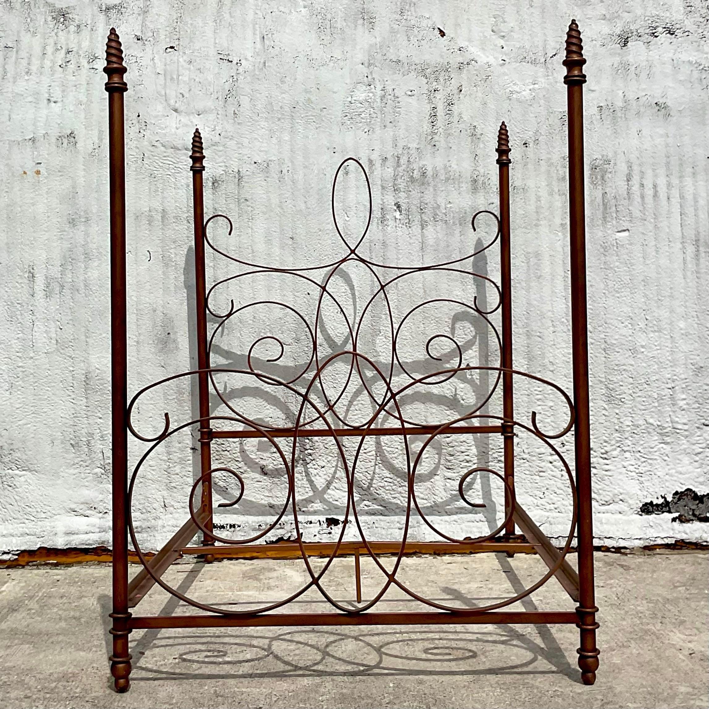 American Late 20th Century Vintage Boho Wrought Iron Queen Poster Bed For Sale
