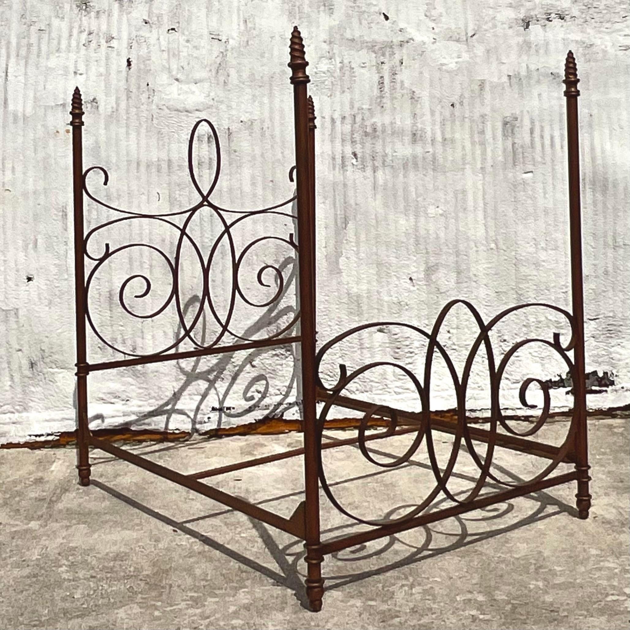 American Late 20th Century Vintage Boho Wrought Iron Queen Poster Bed
