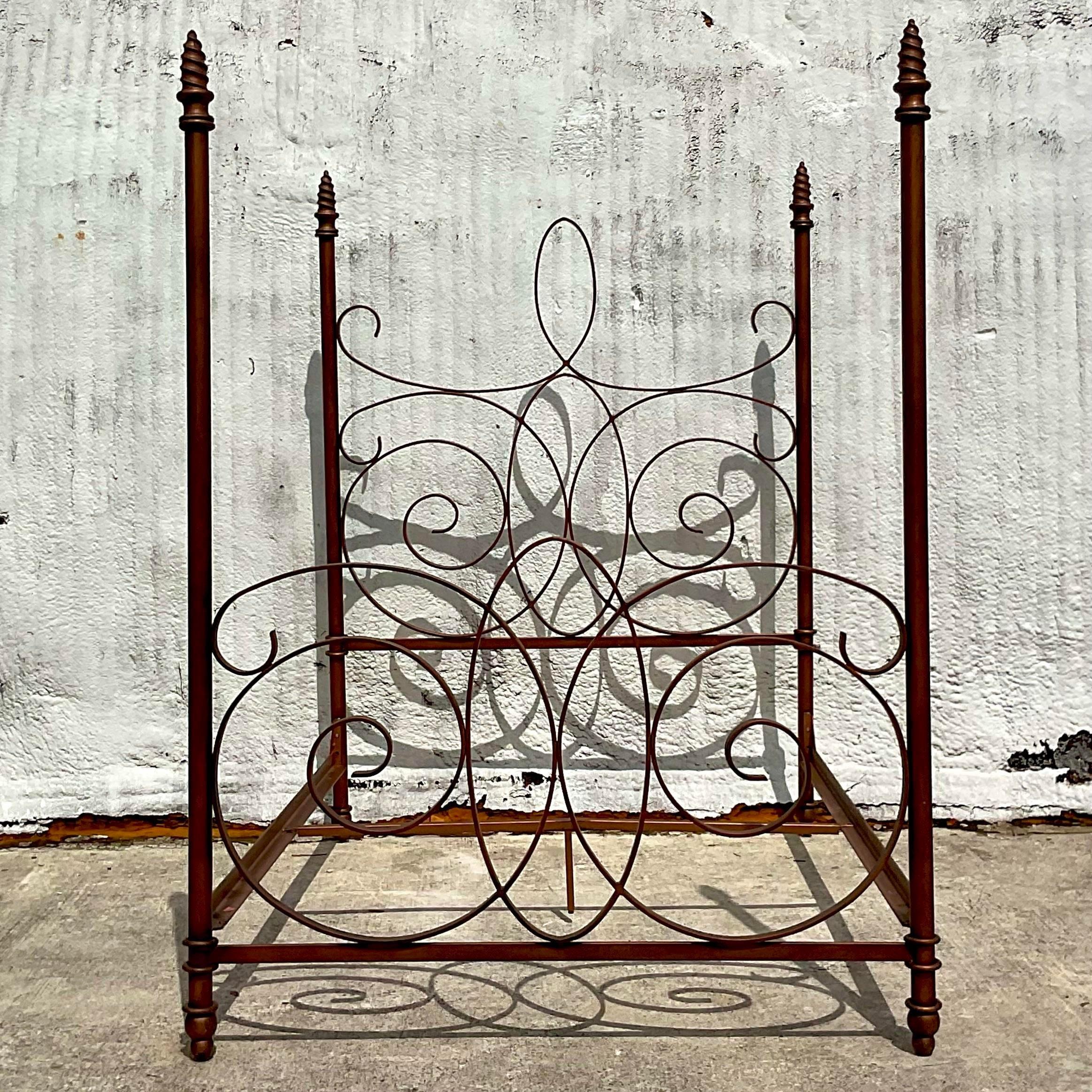Late 20th Century Vintage Boho Wrought Iron Queen Poster Bed For Sale 1