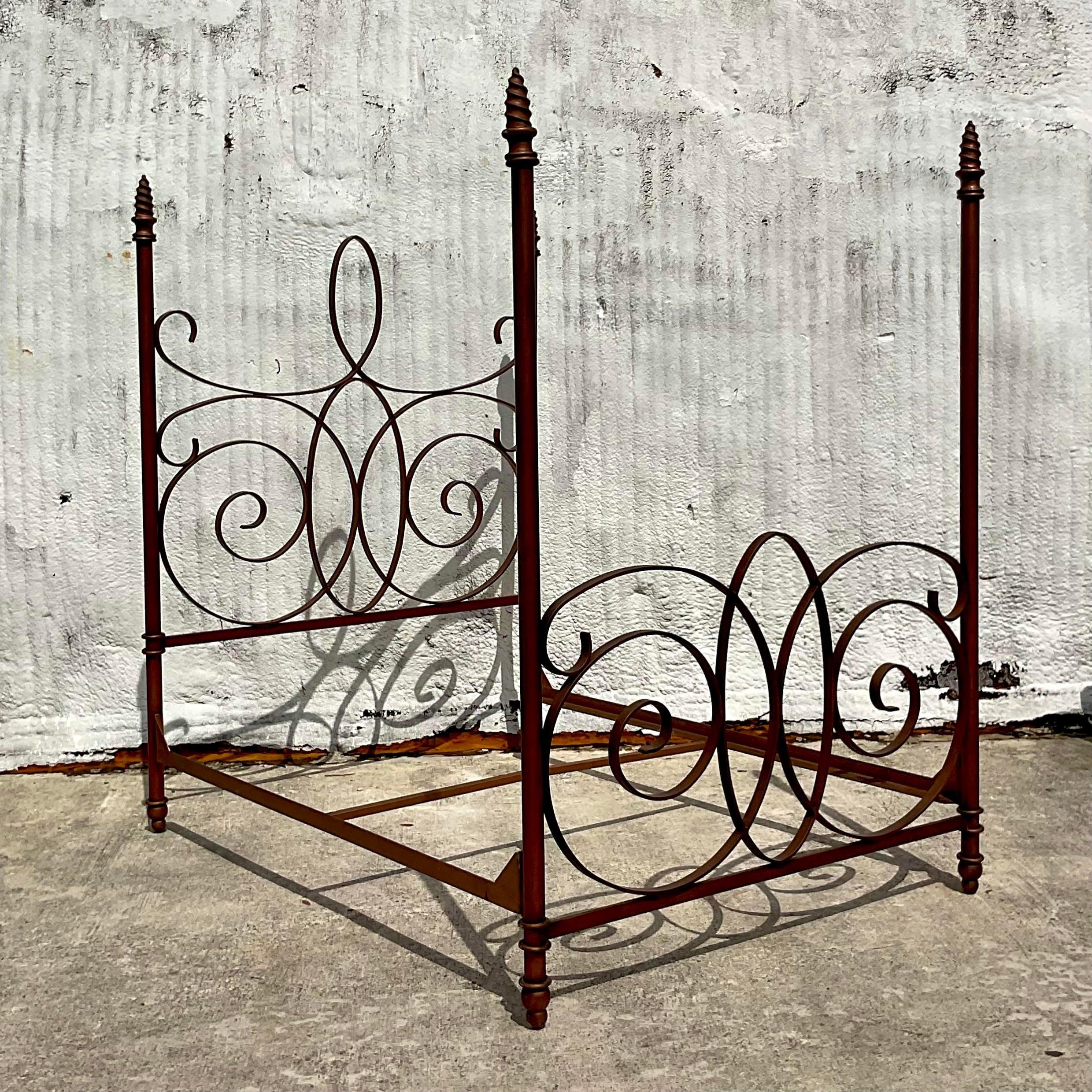 Late 20th Century Vintage Boho Wrought Iron Queen Poster Bed For Sale 2