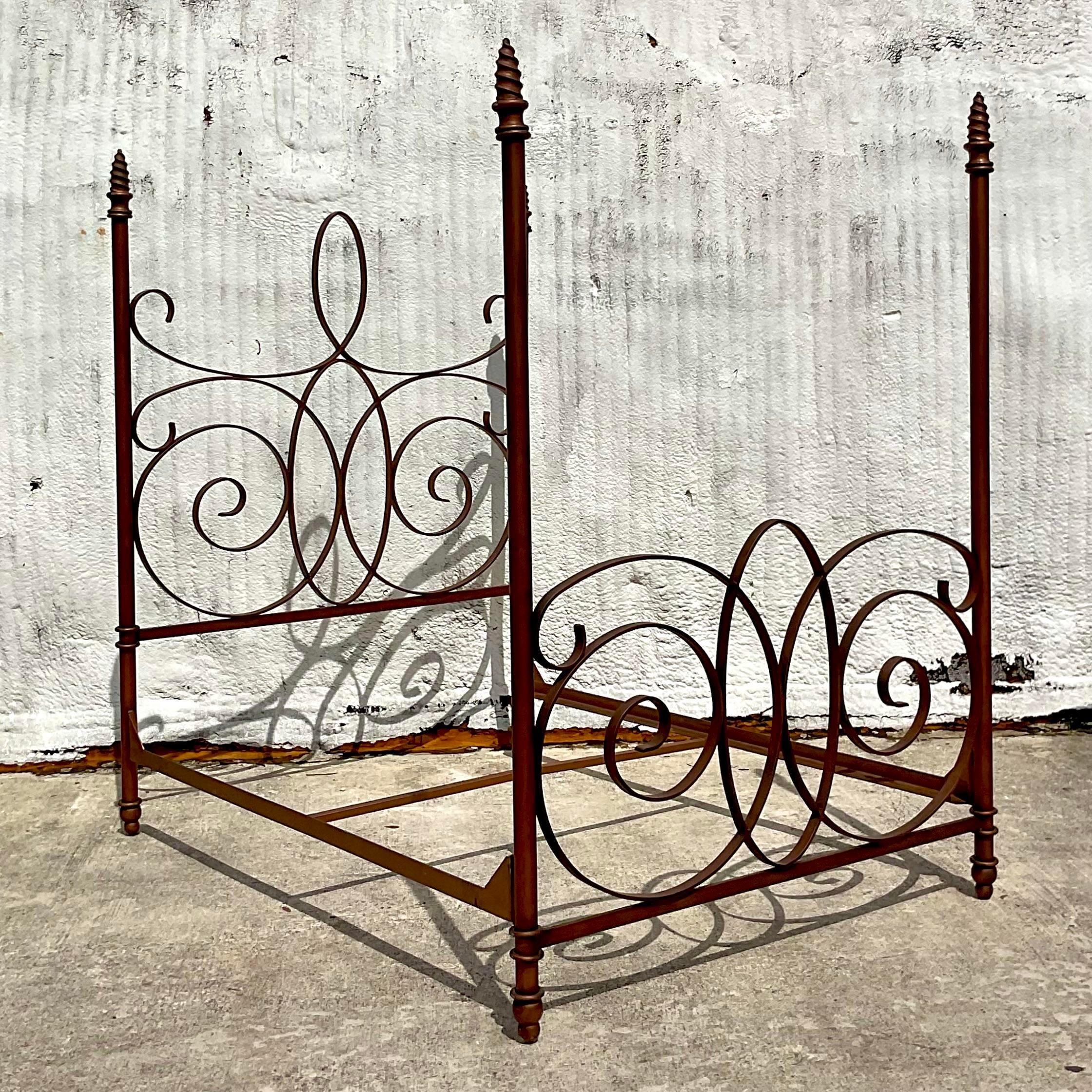 Late 20th Century Vintage Boho Wrought Iron Queen Poster Bed For Sale 3