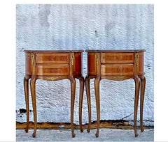 Late 20th Century Vintage Brass Trim Ebony Wood Inlay Nightstand- a Pair