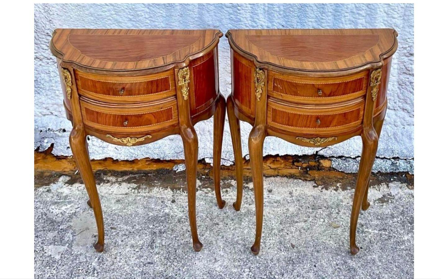 Late 20th Century Vintage Brass Trim Ebony Wood Inlay Nightstand- a Pair In Good Condition In west palm beach, FL