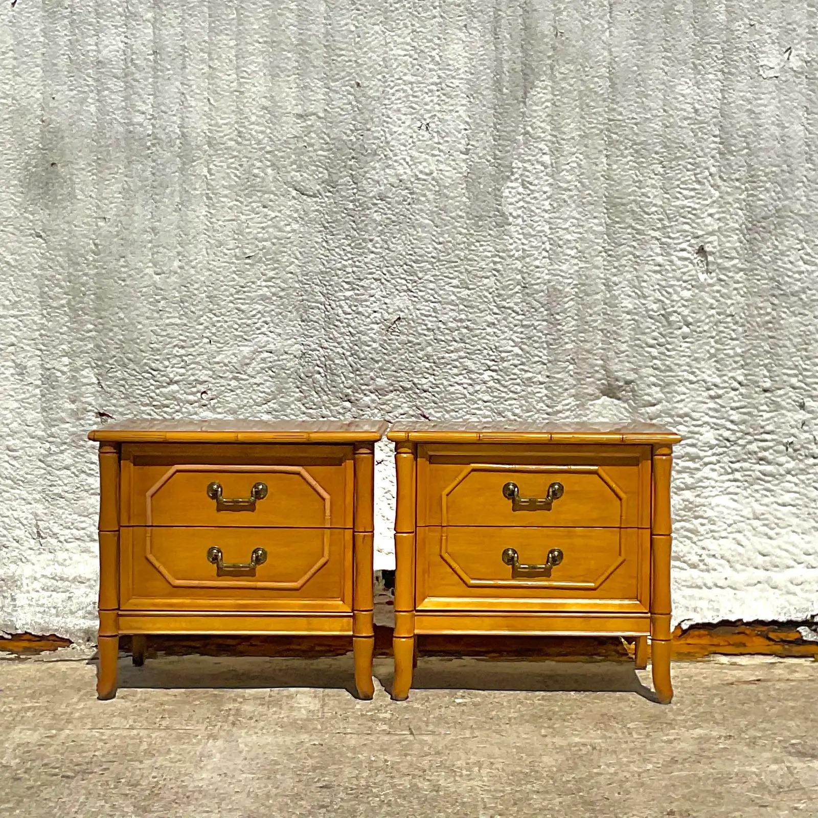 A fantastic vintage Broyhill Furniture faux bamboo nightstands, a great addition to your bedroom. Acquired at a Palm Beach estate.