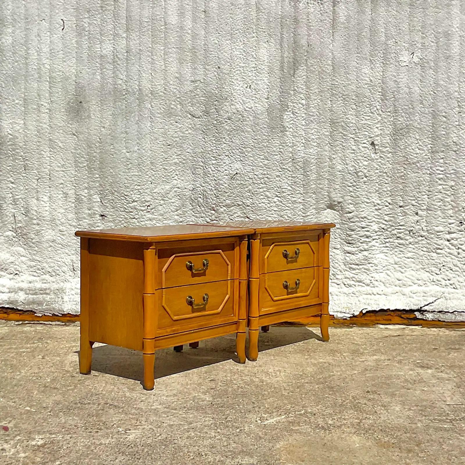 North American Late 20th Century Vintage Broyhill Furniture Faux Bamboo Nightstands- a Pair For Sale