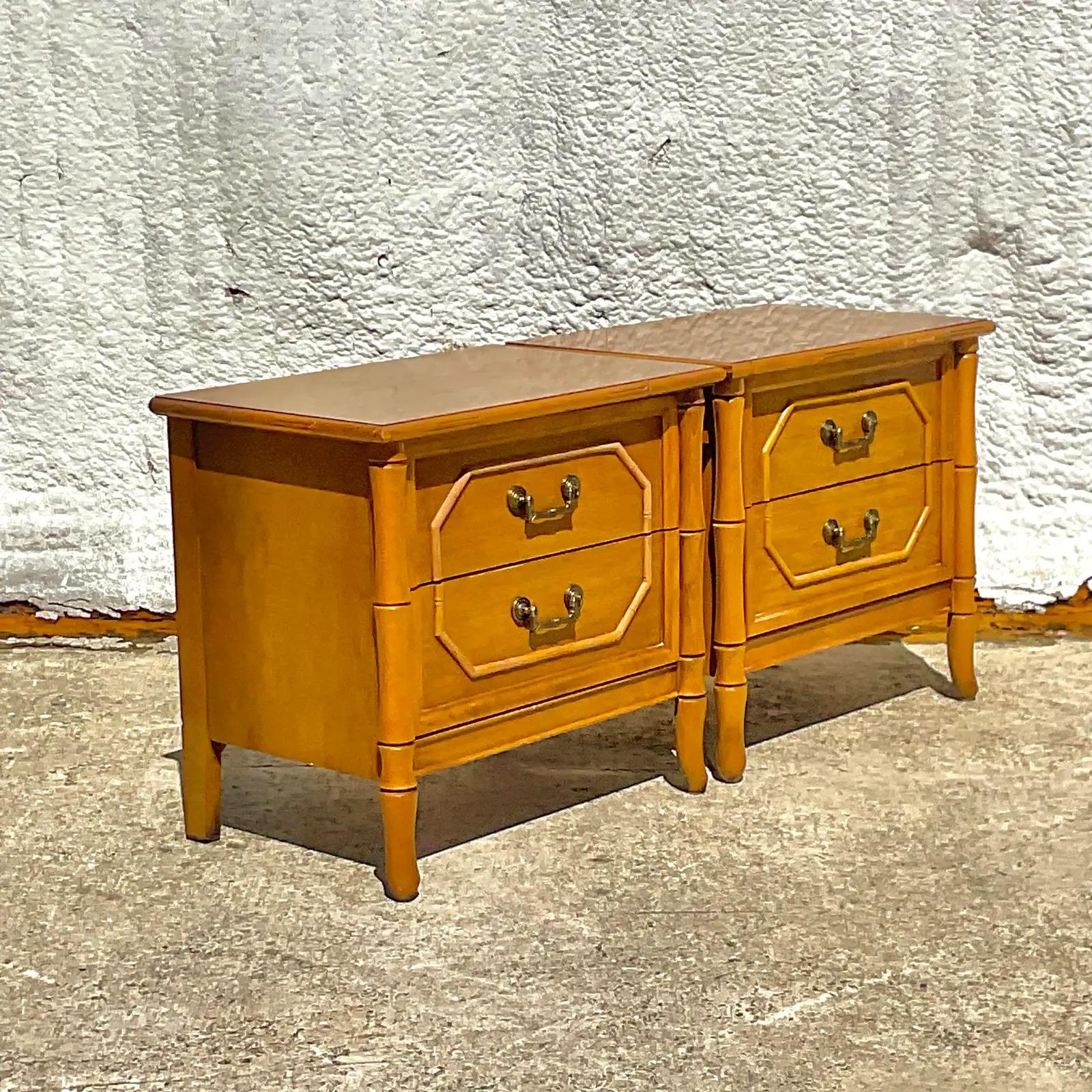 Late 20th Century Vintage Broyhill Furniture Faux Bamboo Nightstands- a Pair In Good Condition For Sale In west palm beach, FL