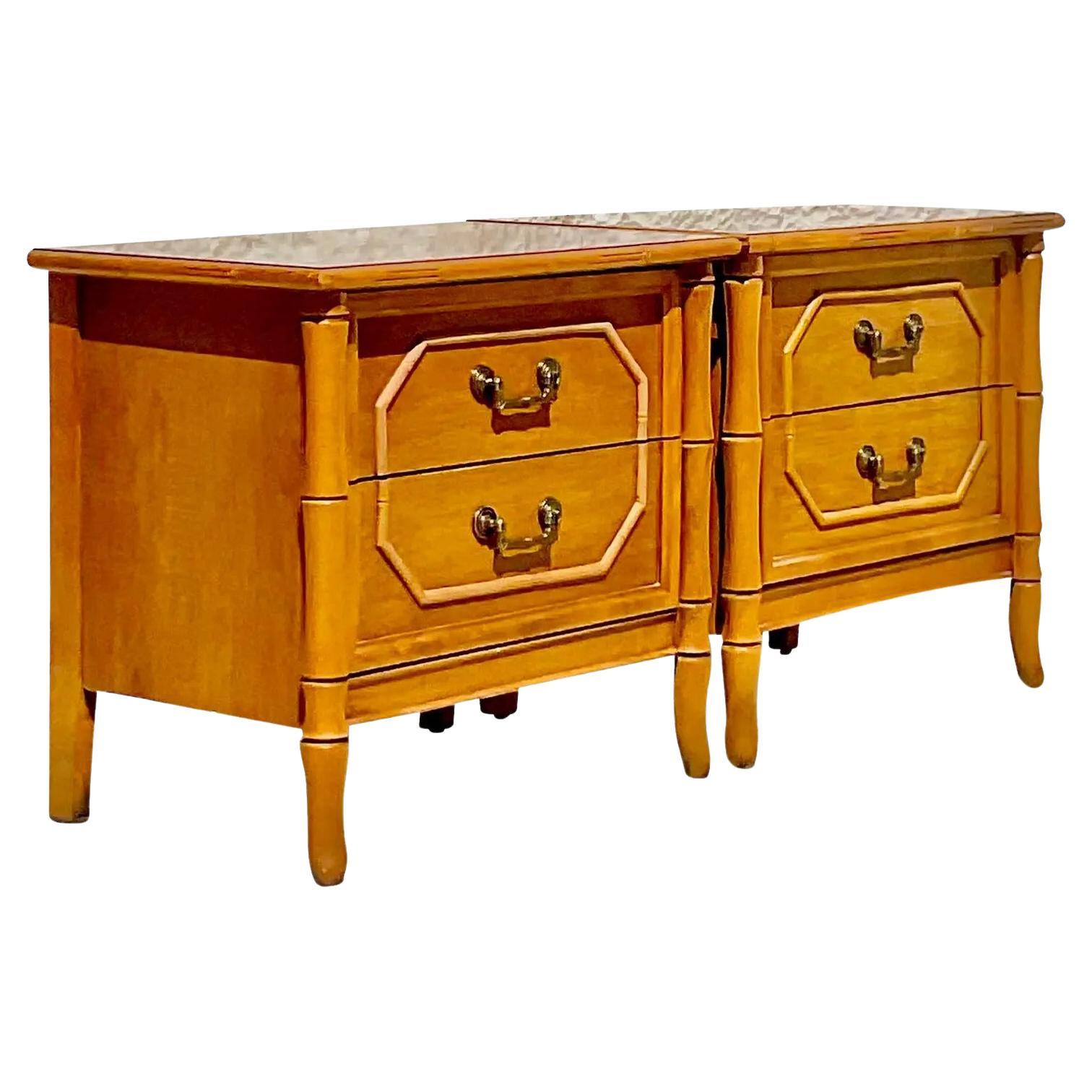 Late 20th Century Vintage Broyhill Furniture Faux Bamboo Nightstands- a Pair For Sale