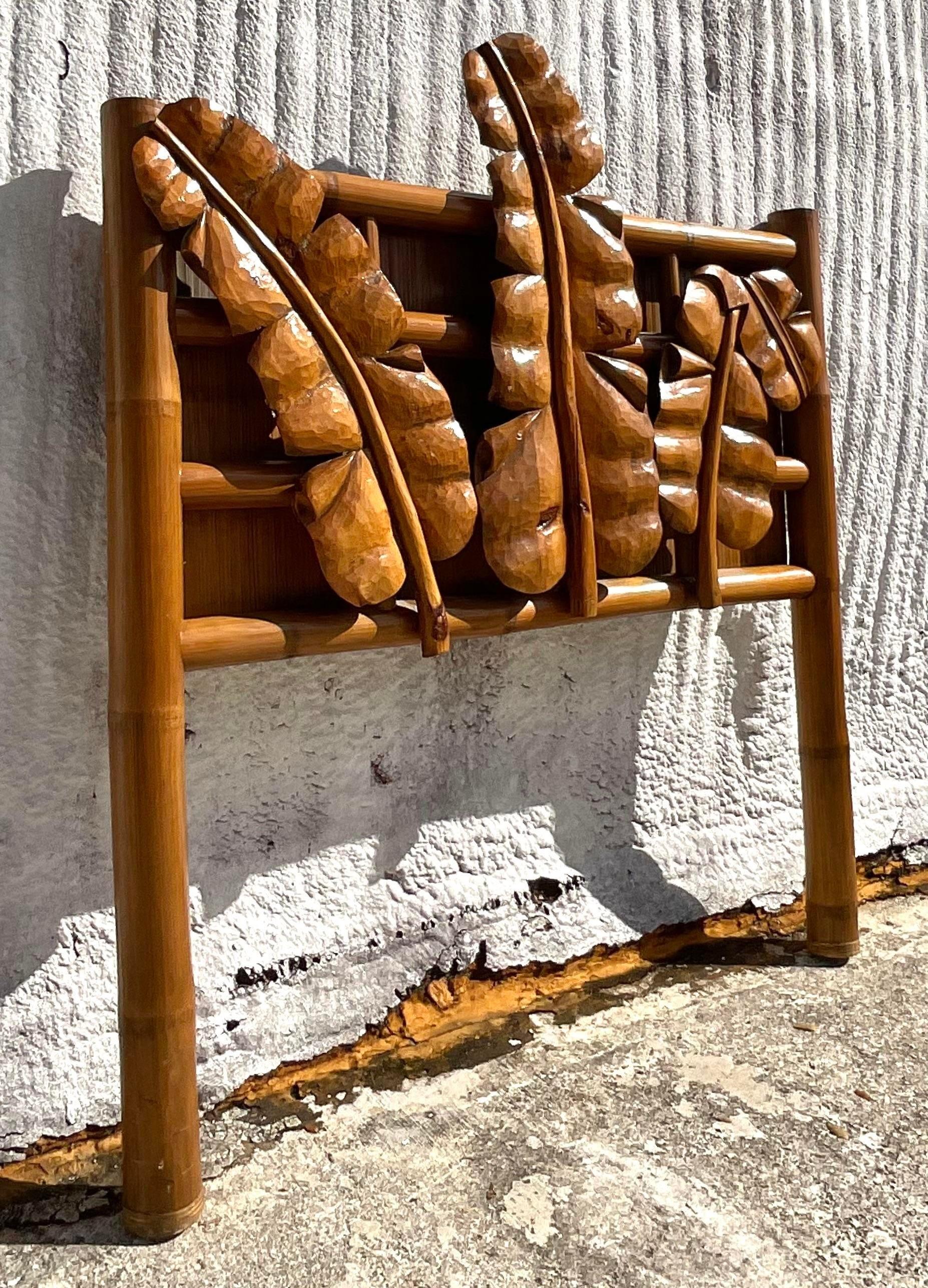 Late 20th Century Vintage Carved Banana Leaf Queen Headboard In Good Condition In west palm beach, FL