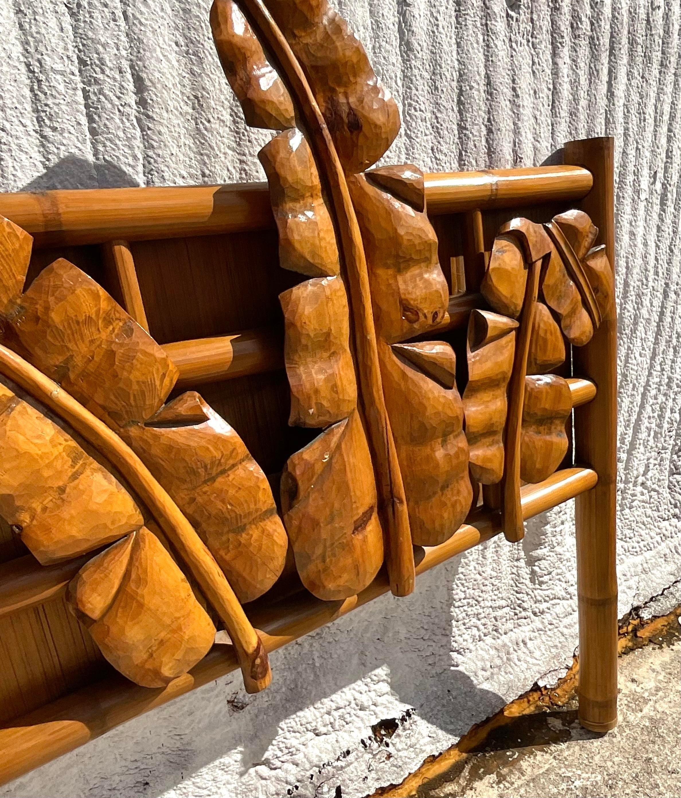 Bamboo Late 20th Century Vintage Carved Banana Leaf Queen Headboard
