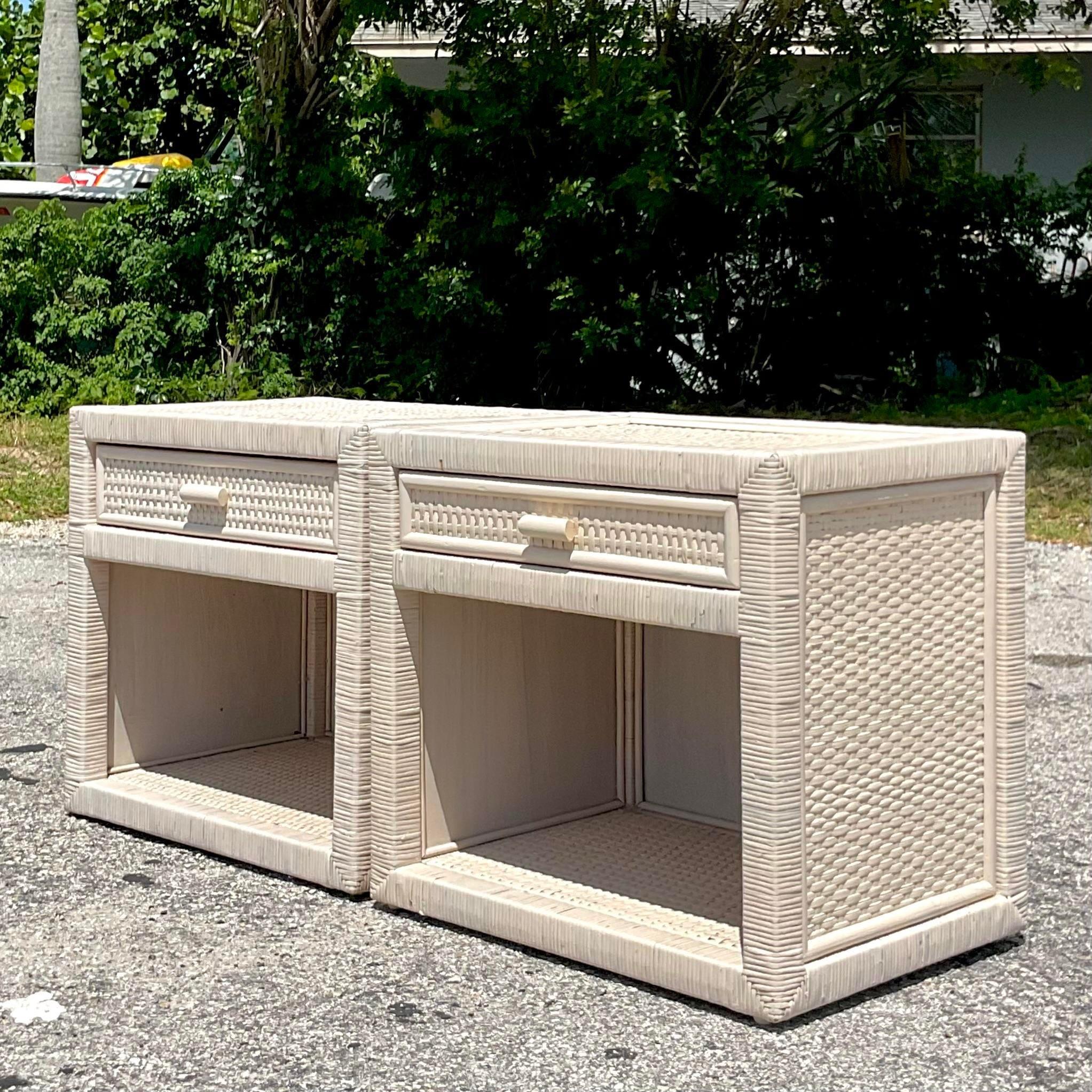 Philippine Late 20th Century Vintage Cerused Wrapped Rattan Nightstands - a Pair For Sale