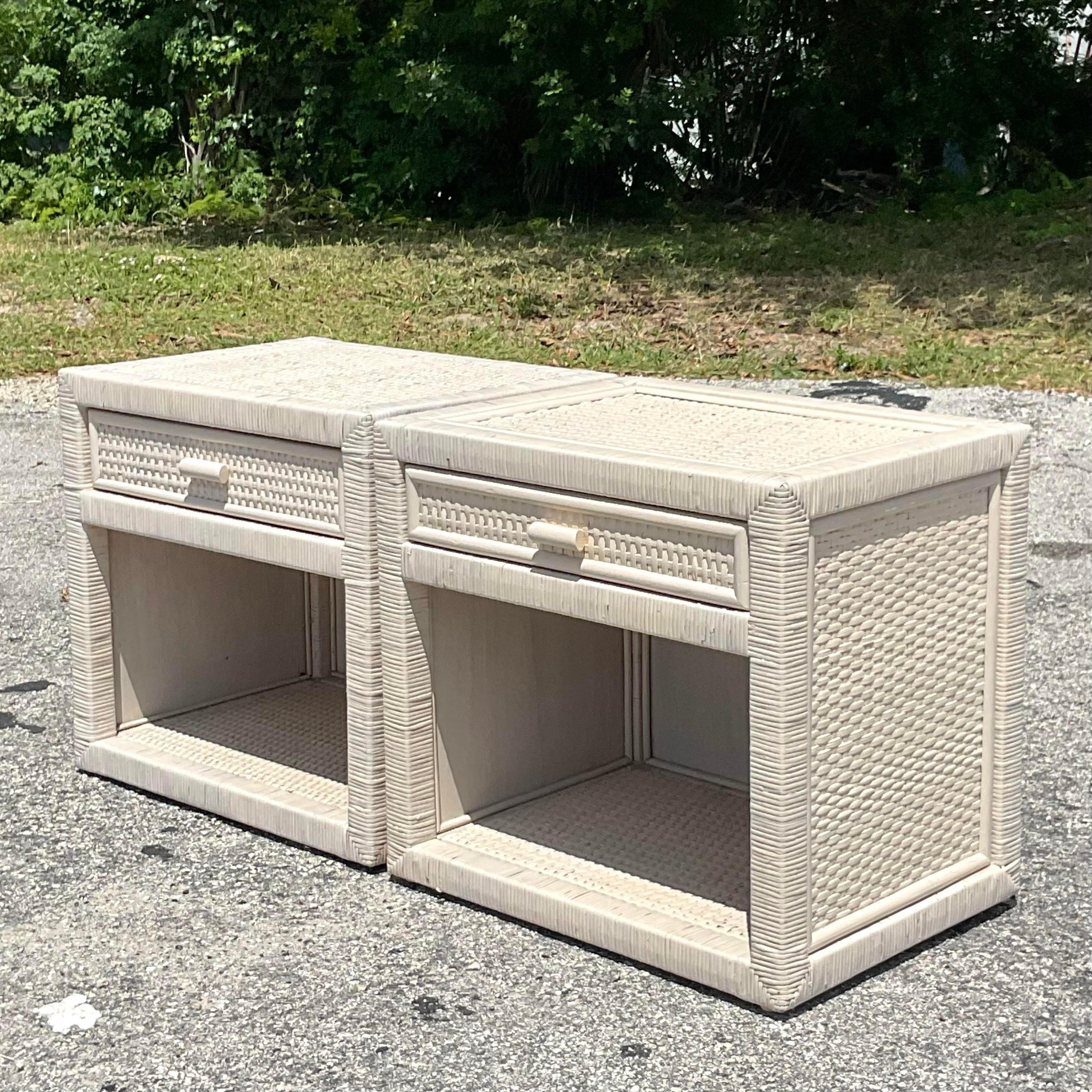 Late 20th Century Vintage Cerused Wrapped Rattan Nightstands - a Pair In Good Condition For Sale In west palm beach, FL