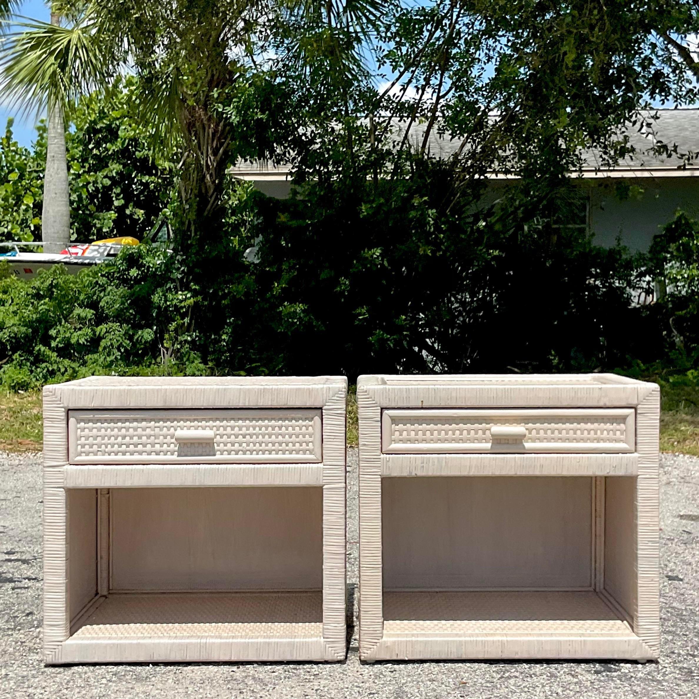 Late 20th Century Vintage Cerused Wrapped Rattan Nightstands - a Pair For Sale 1