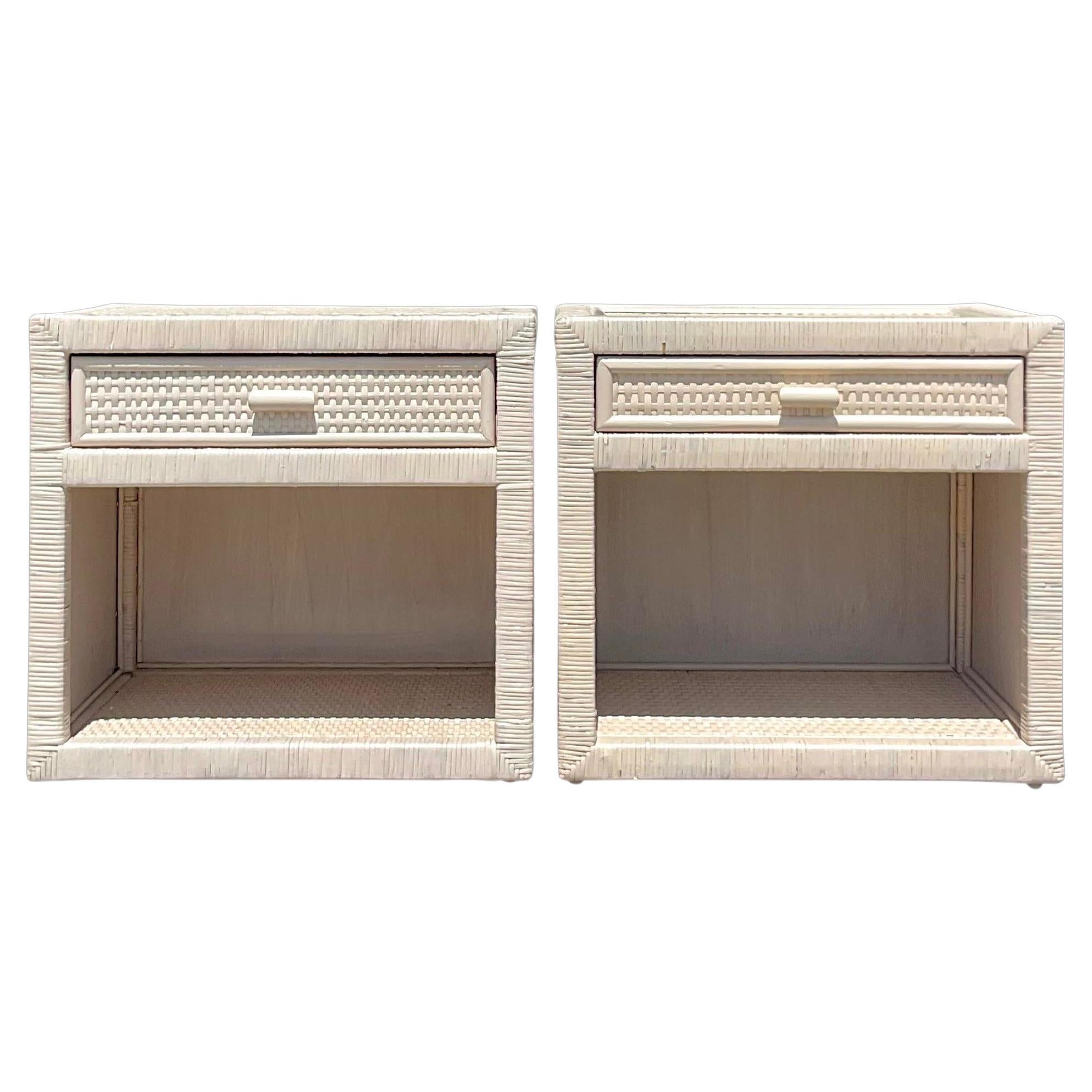 Late 20th Century Vintage Cerused Wrapped Rattan Nightstands - a Pair For Sale