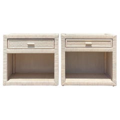 Late 20th Century Retro Cerused Wrapped Rattan Nightstands - a Pair