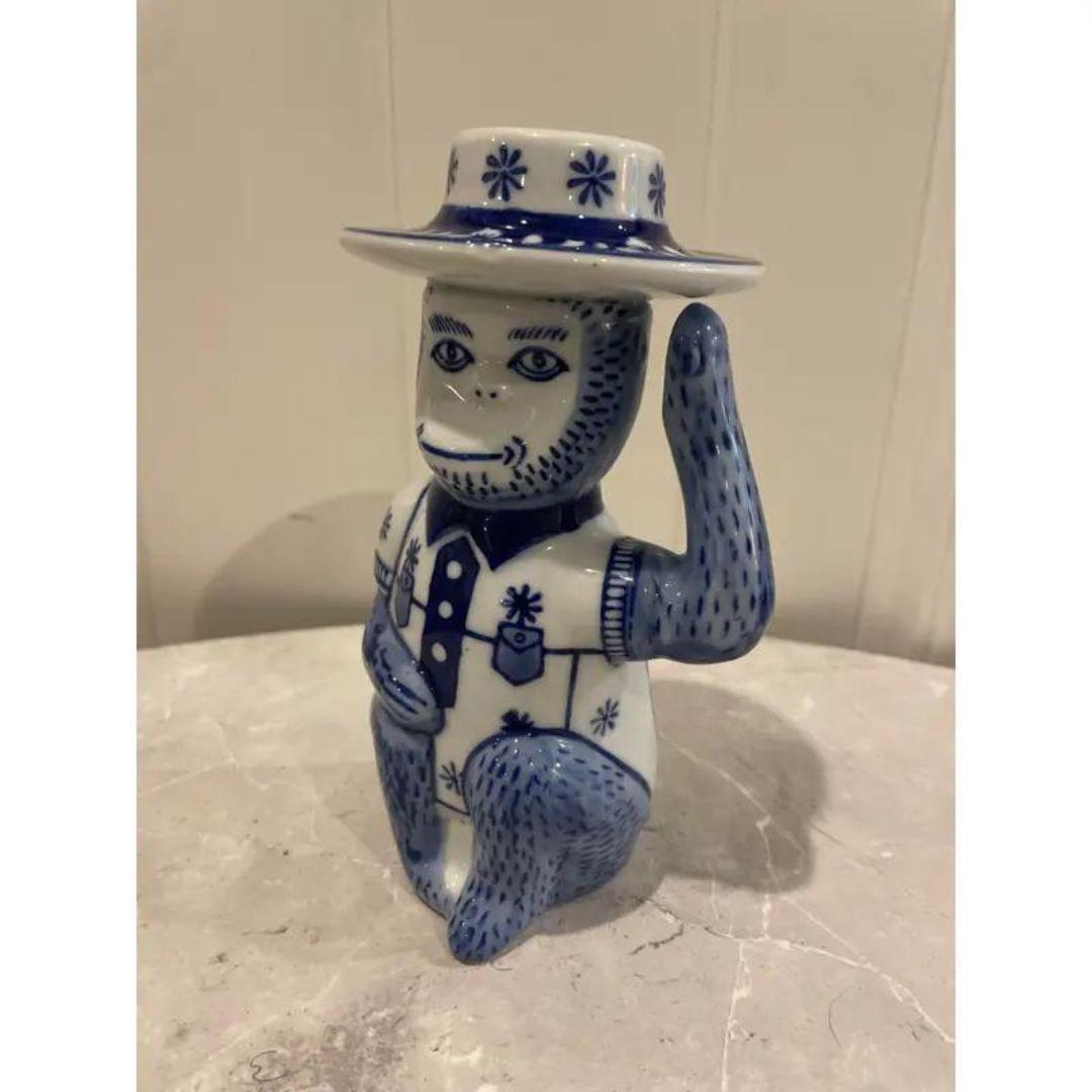 Unknown Late 20th Century Vintage Chinoiserie Blue & White Monkey Candle Stick Holder For Sale