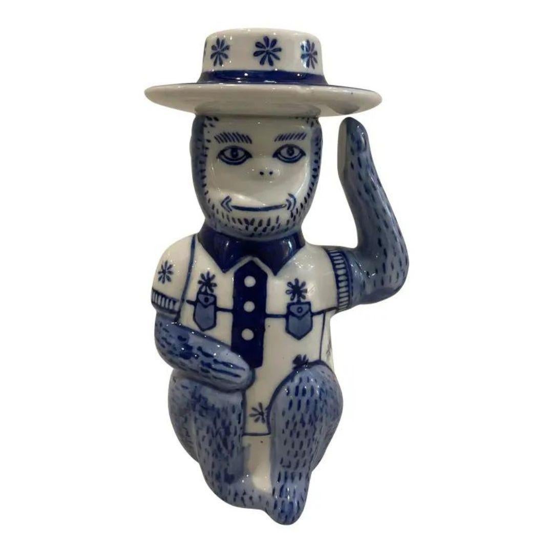 Late 20th Century Vintage Chinoiserie Blue & White Monkey Candle Stick Holder