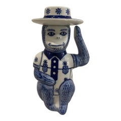 Late 20th Century Retro Chinoiserie Blue & White Monkey Candle Stick Holder