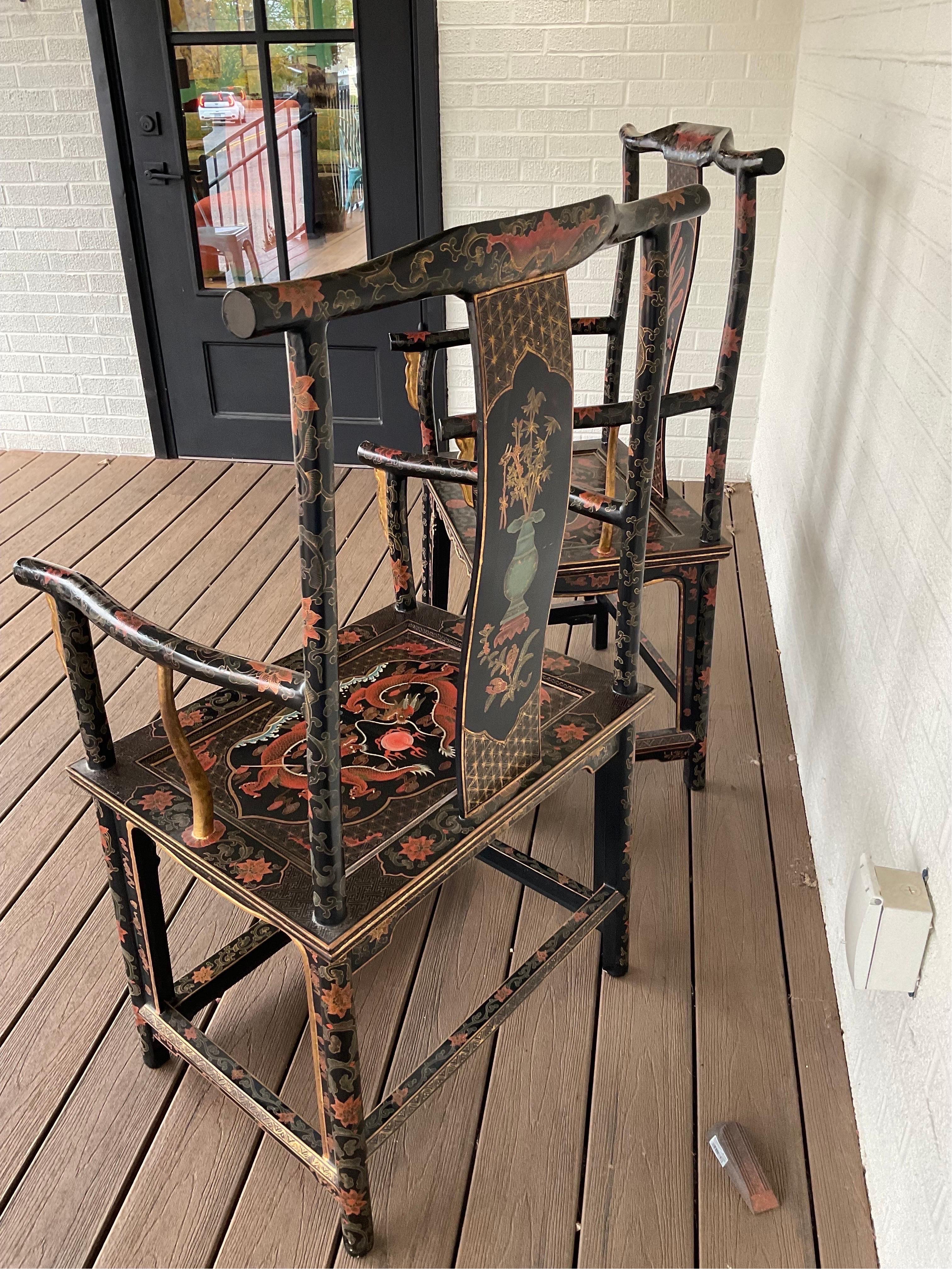 Late 20th Century Vintage Chinoiserie Official’s Hat Chairs, a Pair For Sale 5