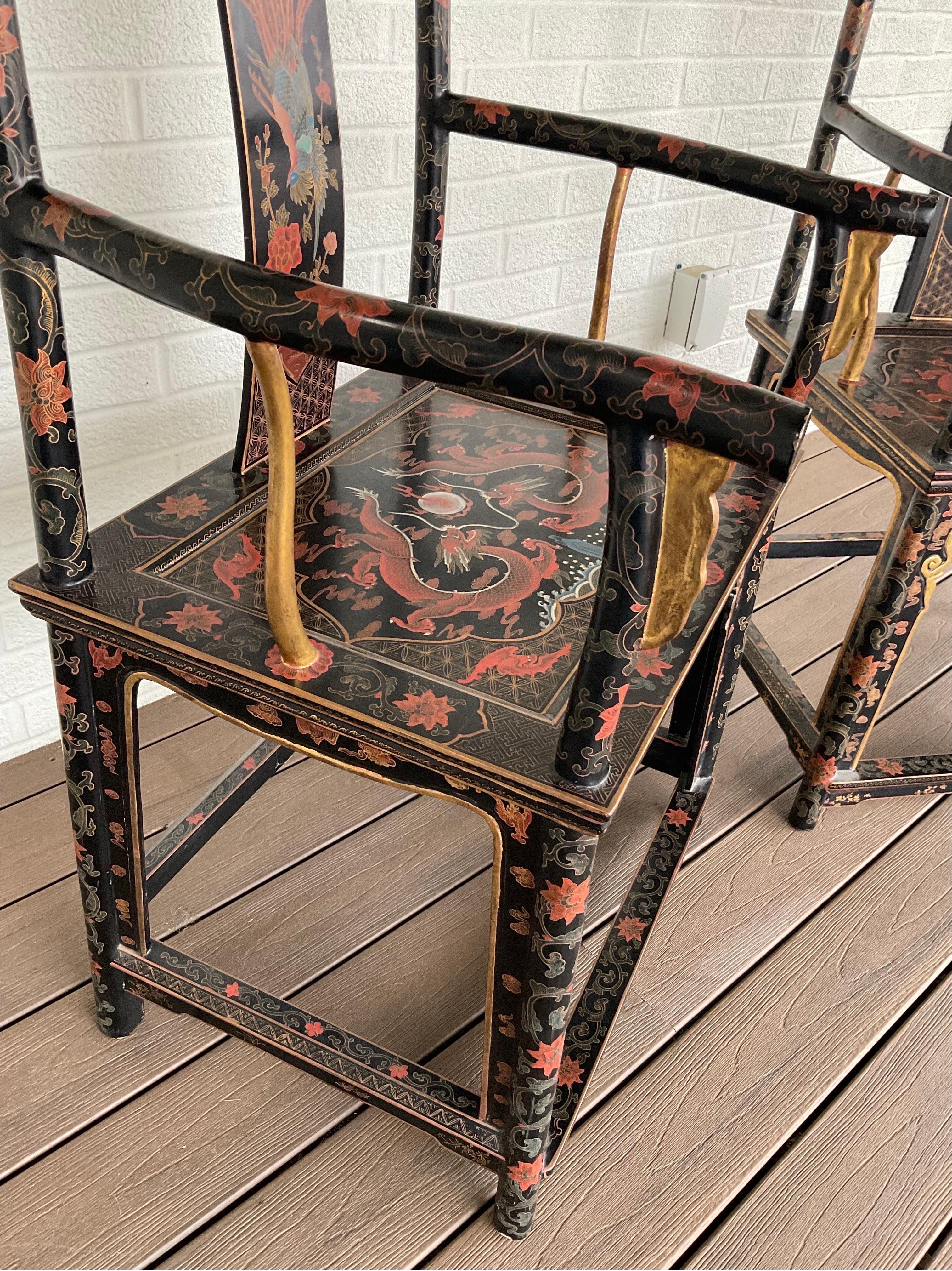 Late 20th Century Vintage Chinoiserie Official’s Hat Chairs, a Pair For Sale 6