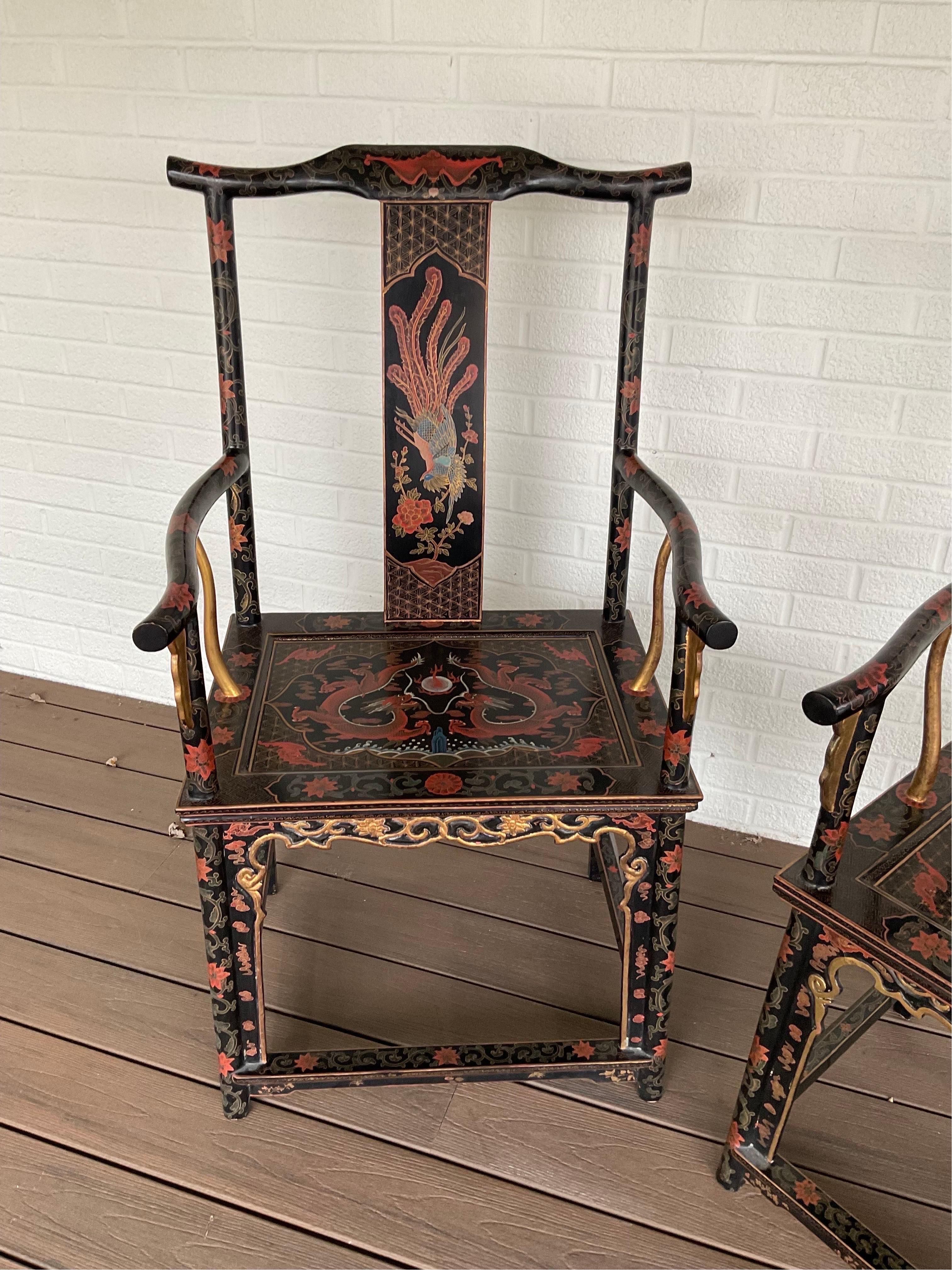 Hand-Carved Late 20th Century Vintage Chinoiserie Official’s Hat Chairs, a Pair For Sale