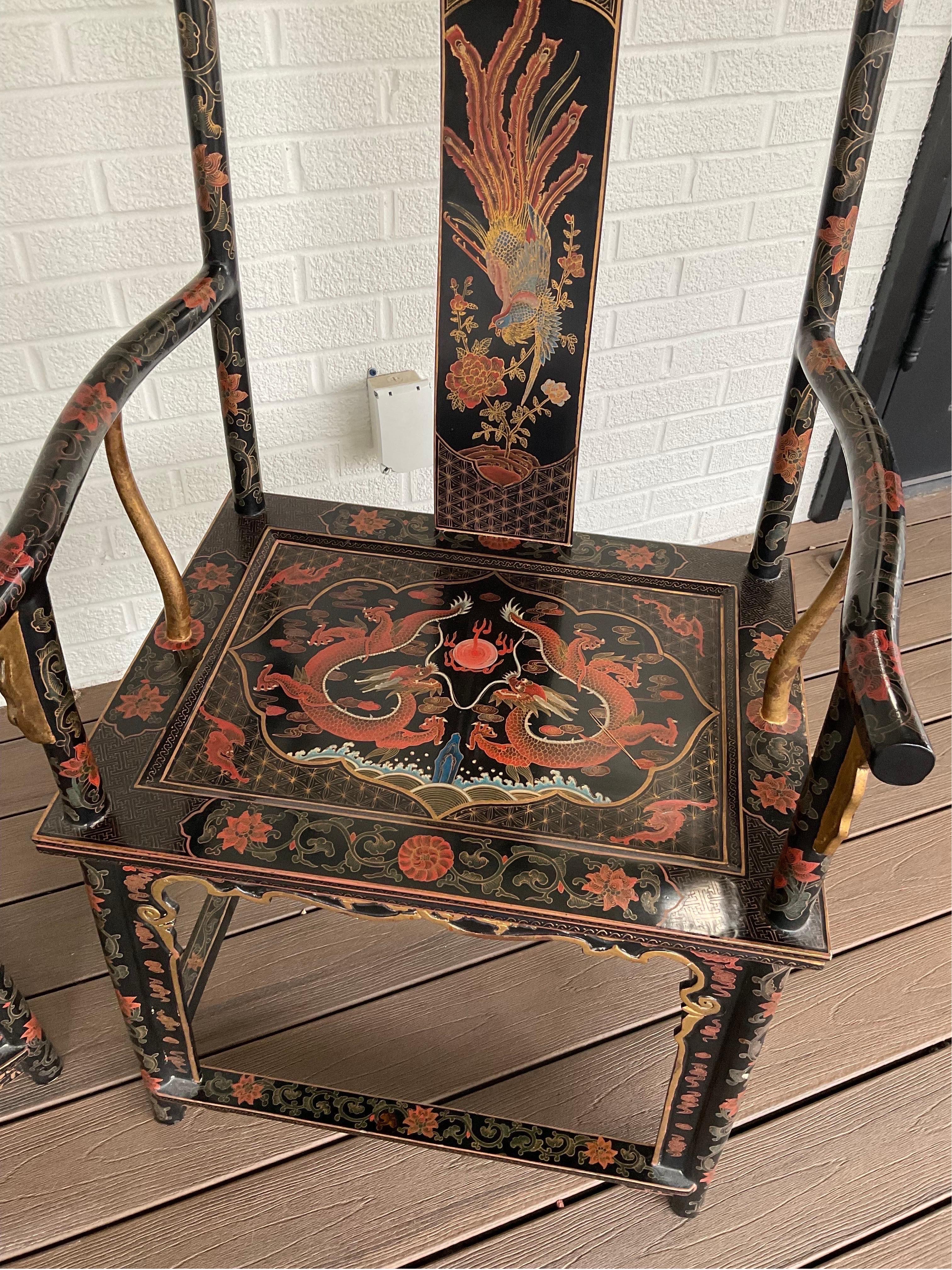 Late 20th Century Vintage Chinoiserie Official’s Hat Chairs, a Pair For Sale 1