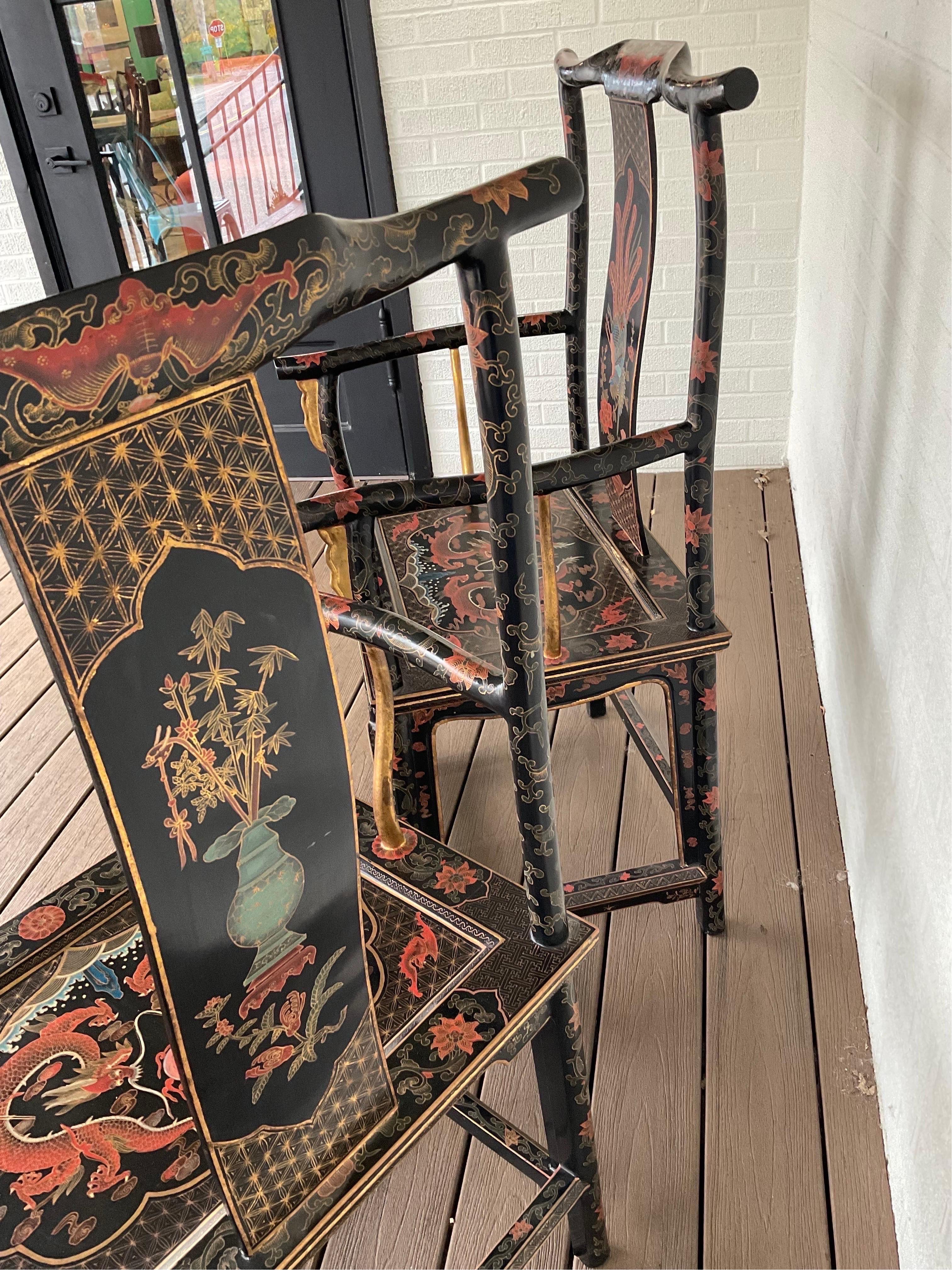 Late 20th Century Vintage Chinoiserie Official’s Hat Chairs, a Pair For Sale 3