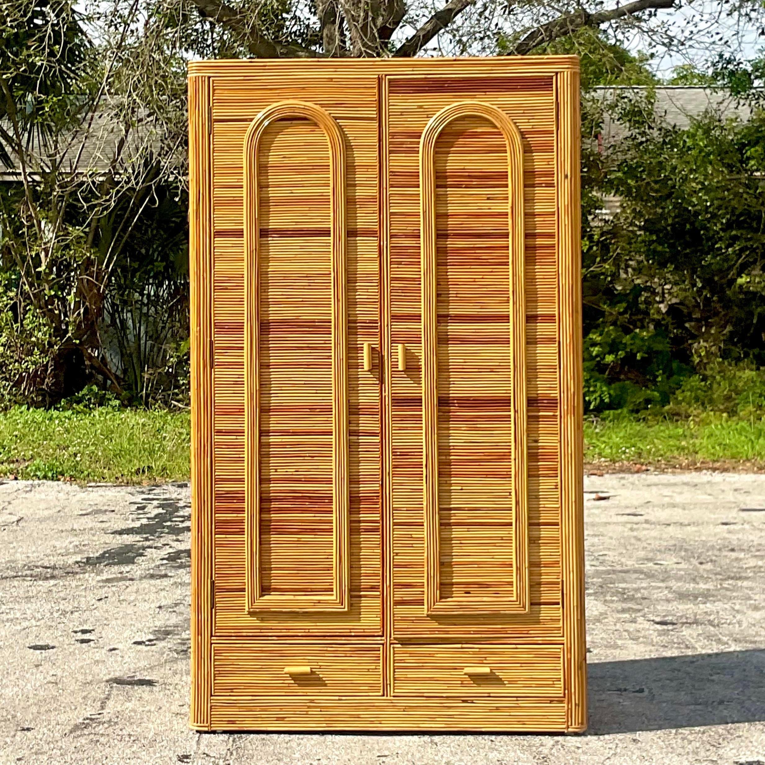 Late 20th Century Vintage Coastal Arched Pencil Reed Armoire 2