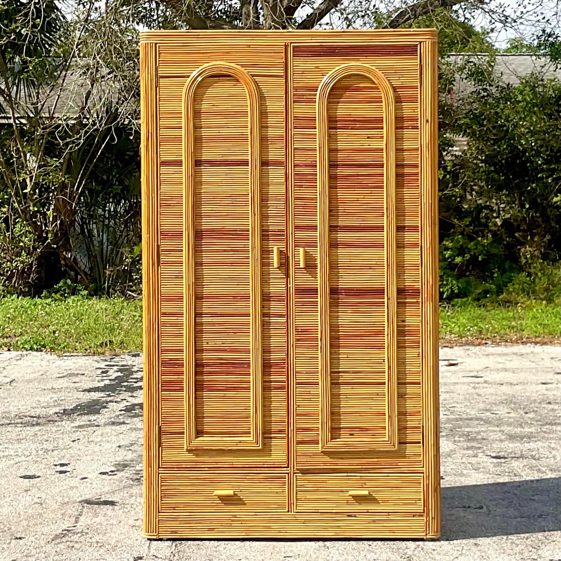 Late 20th Century Vintage Coastal Arched Pencil Reed Armoire 3