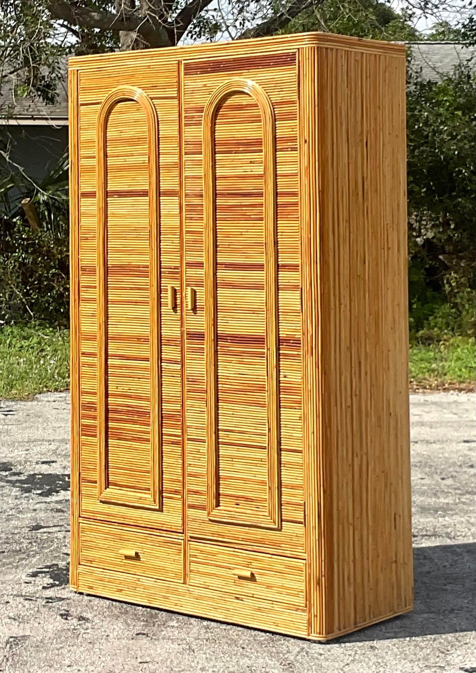 Late 20th Century Vintage Coastal Arched Pencil Reed Armoire 4